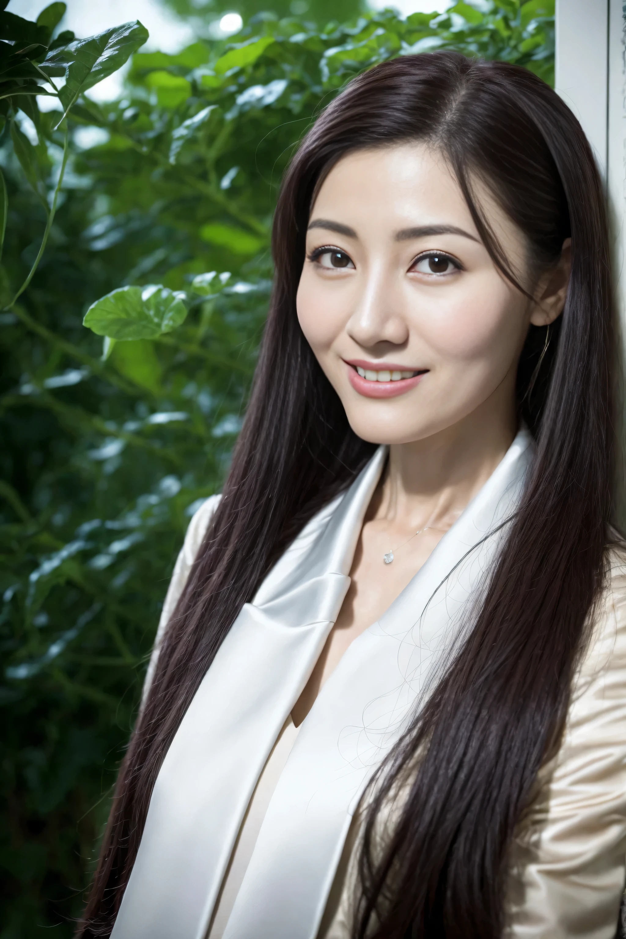 Japanese,Mature Woman, (alone), 30 years old, (double),whole body,Brown long hair, Brown Hair,Glamour, Pure white skin, Photographed from the front,Observe the audience、(Office Lady)、(Black suit)、(Beige pantyhose),Black high heels、garden、Squat,