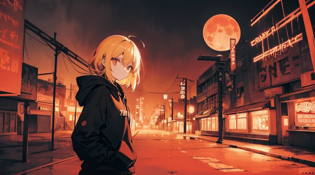(2 girls, blonde hair, big black hoodie), (abandoned amusement park, late night, red moon), (low contrast, flat color, limited palette)