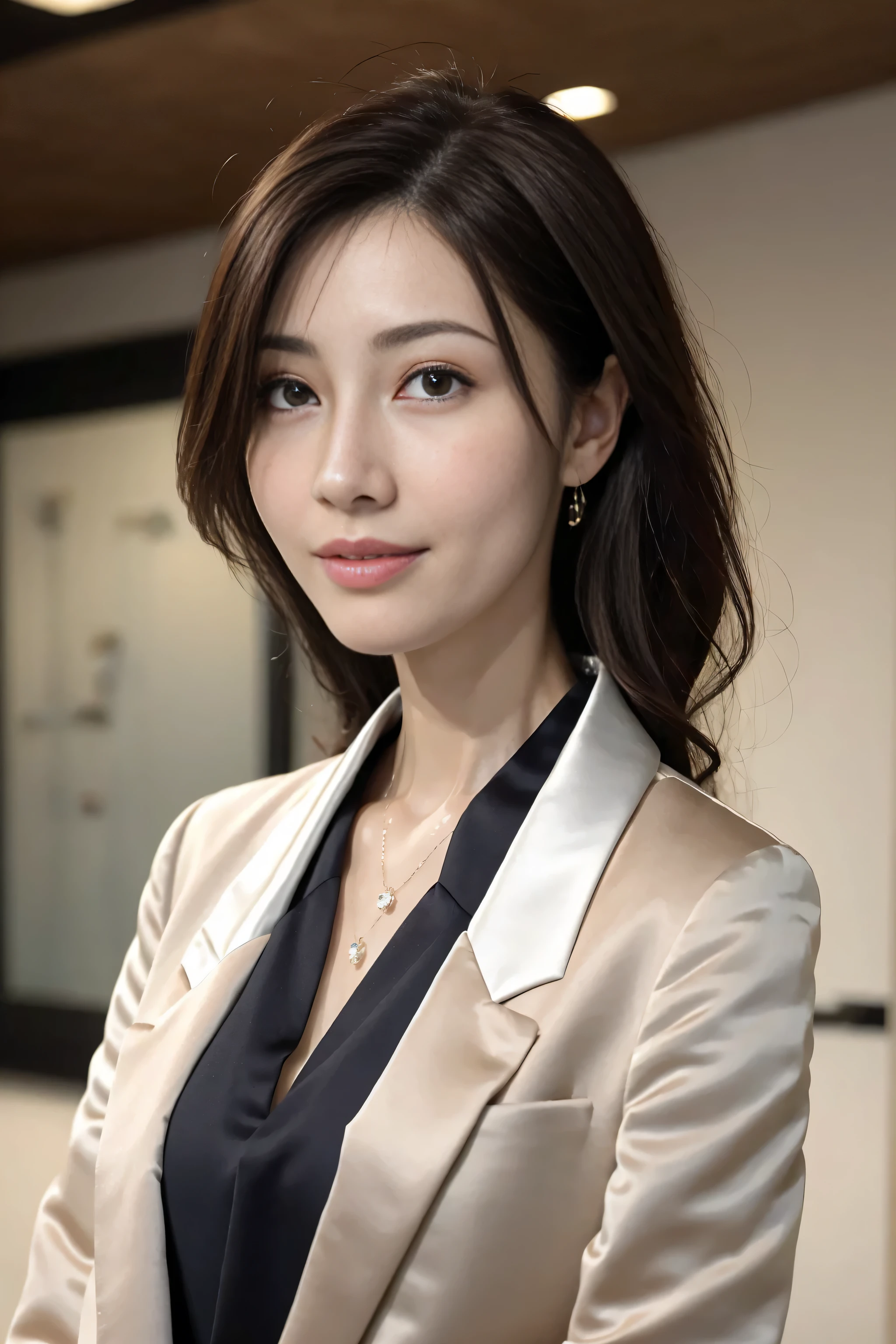 On the table,Best quality, realistically, ultra - detailed, detailed, A high resolution, 8k wallpaper, 1 Beautiful woman,, light brown messy hair, dressed in a suit, lock focus, Perfect dynamic composition, beautidful eyes, Delicate hair, 细致realistically的皮肤纹理, Smiling, closeup portrait, Model body type