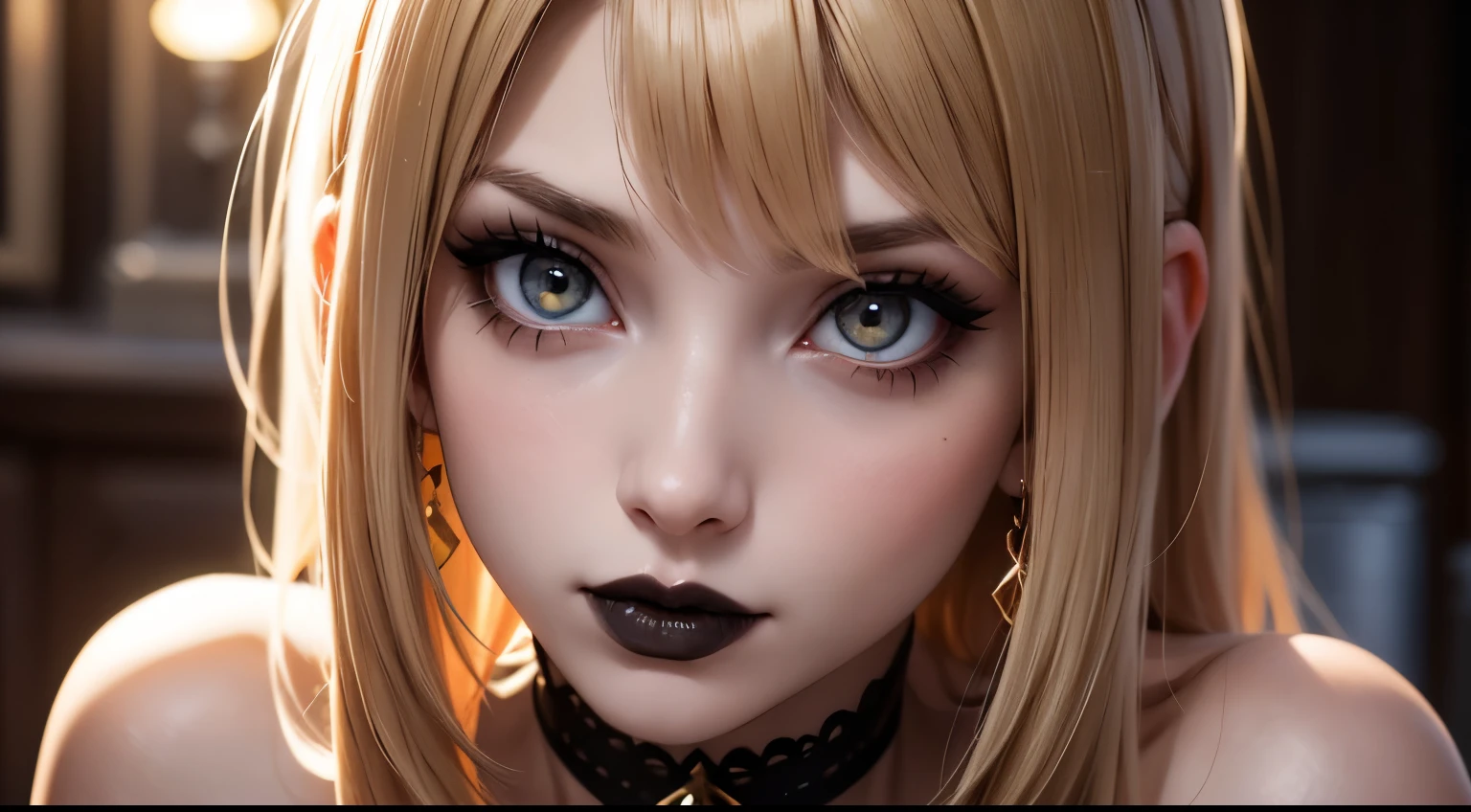 (best quality) (close up) (headshot) beautiful gothic woman with snow white skin golden blond hair with black roots with a center part hair and amber eyes wearing black lip stick and black makeup with tattoos, looking over shoulder, (dark roots in hair) HDR, 4K, 3D
