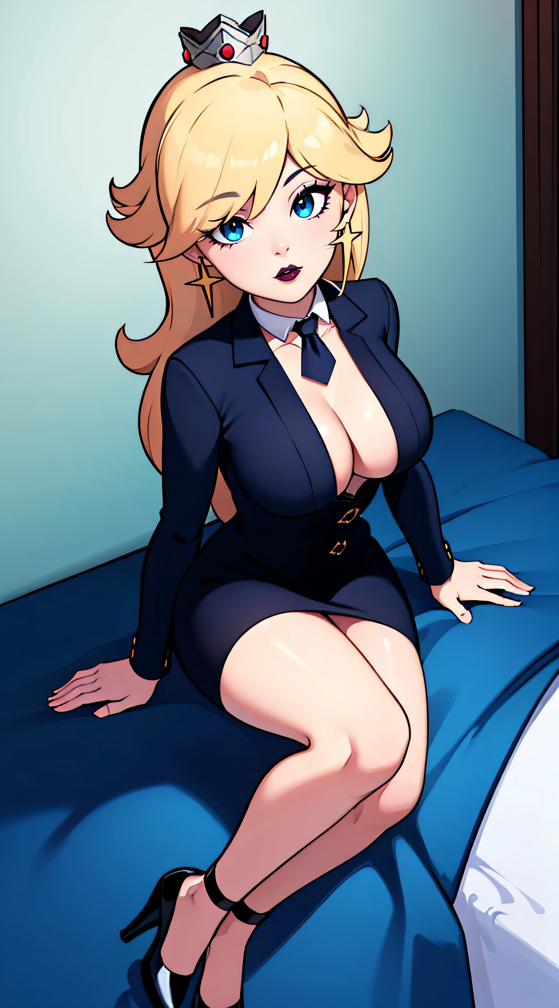 ((high detailed, best quality, 4k, masterpiece, hd:1.3)), BREAK night, window, moonlight, (Hotel Bedroom), Rosalina laying on hotel bed, BREAK neon blue eyes, seductive, attractive, sexy smile, smiling, smooth anime cg art, 36C breasts, long legs, vivid colors, detailed digital art, slim body, perfect skin, blonde hair, long hair, BREAK crown, cleavage, 36C cleavage, looking at viewer, BREAK looking at viewer, extremely detailed face, navy_blue necktie, blue jacket, black shirt, blue pencil skirt, full body, (blue high heels), earrings, gem, dark black makeup lips, dark gothic eyeshadows, dark eyeshadows, black eyeshadows, black sexy lips, black lips, (dark:1.2), dark lips, very dark lips, (perfect hands, perfect anatomy), black makeup, detailed fingers, five fingers per hand, 5 fingers, (1 girl), detailed lips, detailed black lips, black painted lips, gothic painted lips, (breast focus), (arms outstreched:1.3), (breasts out:1.3), (from above:1.5),