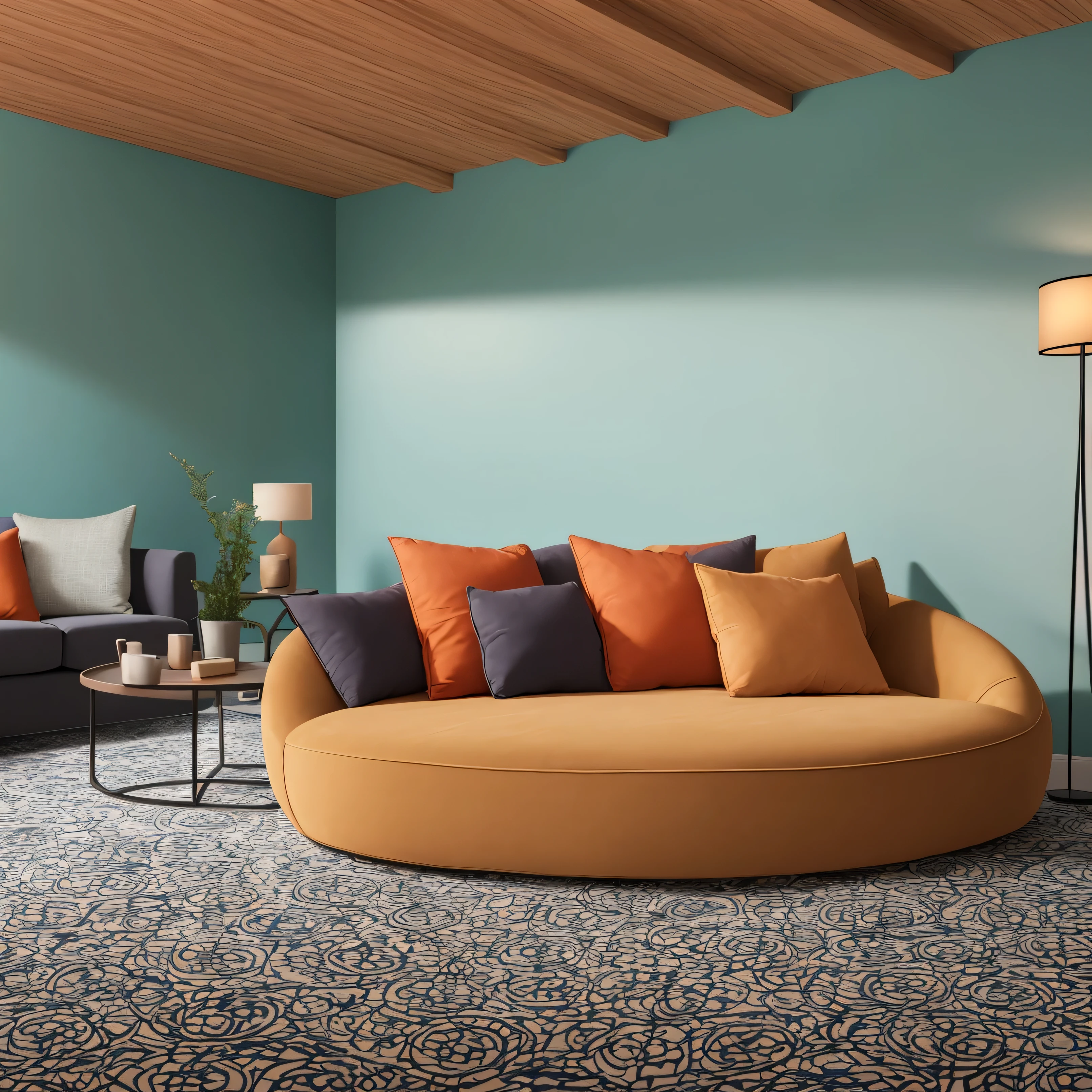 living room with floor upholstered in velvety carpet with leaf prints, walls in dirty cracked concrete, blue painted braided bamboo ceiling, soft warm linear lighting bordering the ceiling, linear floor lighting illuminating furniture, super padded cloud style furniture, minimalist tables , modern minimalist table lamps, orange velvet furniture, space with lots of warm, soft lighting. hyperrealistic --auto --s2