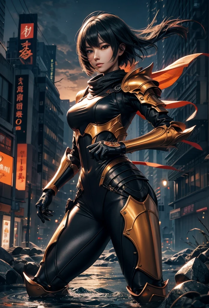 (Detailed illustrations,Very detailed and detailed drawing,Delicate lines with slow and rapid,Realistic texture expression),[Color tressed main line],[Shinjuku background at night],(ANIME) (NINJAGirl (Beautiful fece) 15yo student) well-muscled [Slim body] Short Bob Cut,([hornet] Orange Ninja Battle Armor) scarf [stall] ((Fitting rubber inner) [honeycomb] [edg]) hair adornments (Dull metallic luster:0.8),gravure [KUNOICHI],[highcontrast:0.6],(複雑でBeautiful fece装飾 [Dense detail]),(きめ細やかでBeautiful fece肌表現 [Transparency]),[完璧な目のdetaileds (Iris beautifully drawn in every detail)[Jewel-like eyes]],[長くてBeautiful fece睫毛],[Meticulously drawn hair [美しく艷やかな髪のdetaileds]],(完璧な手のdetaileds [Fingers without breakdown [Beautiful nails]]),(Perfect Anatomy(Perfectly proportioned))[[Full body like]],[[Design built to the highest level]][Ideal color coordination(Accurate simulation of light-material interactions)],([Precision Detail](detaileds,high-detail)),[Visual art that conveys a sense of narrative].