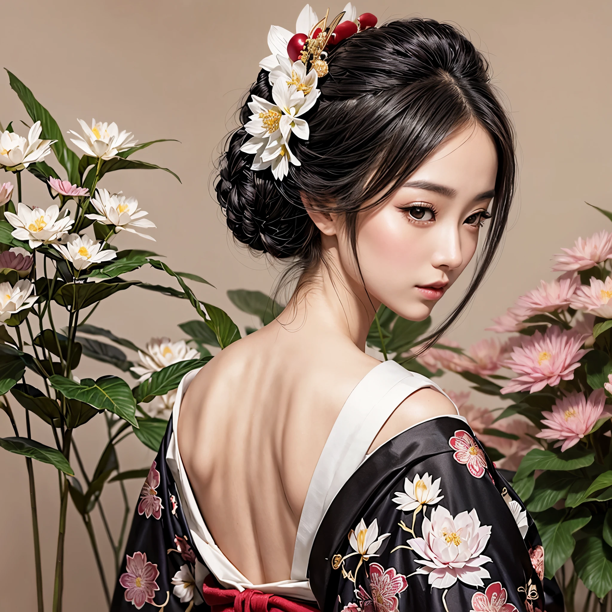 A beautiful Japanese geisha with black hair, beautiful lips, silky skin, beautiful eyes, slightly pink cheeks, with an ornament in her hair, wearing an earring, wearing a black kimono (clothing) open at the back and decorated with details of white lotus flowers, on her back, looking behind her shoulders in a sensual way, and in the background there is vegetation (plants), beautiful sensual glamorous hyperrealistic geisha, charming and attractive photorealistic geisha, an elegant geisha with intricate details.