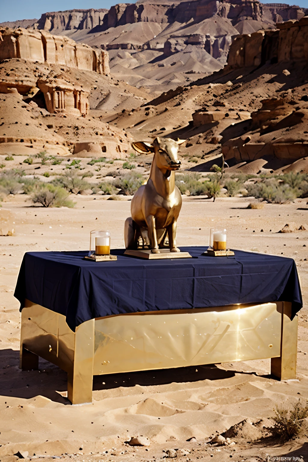 Golden calf created in the desert by the Israelites, and exalted by the people, on an altar.