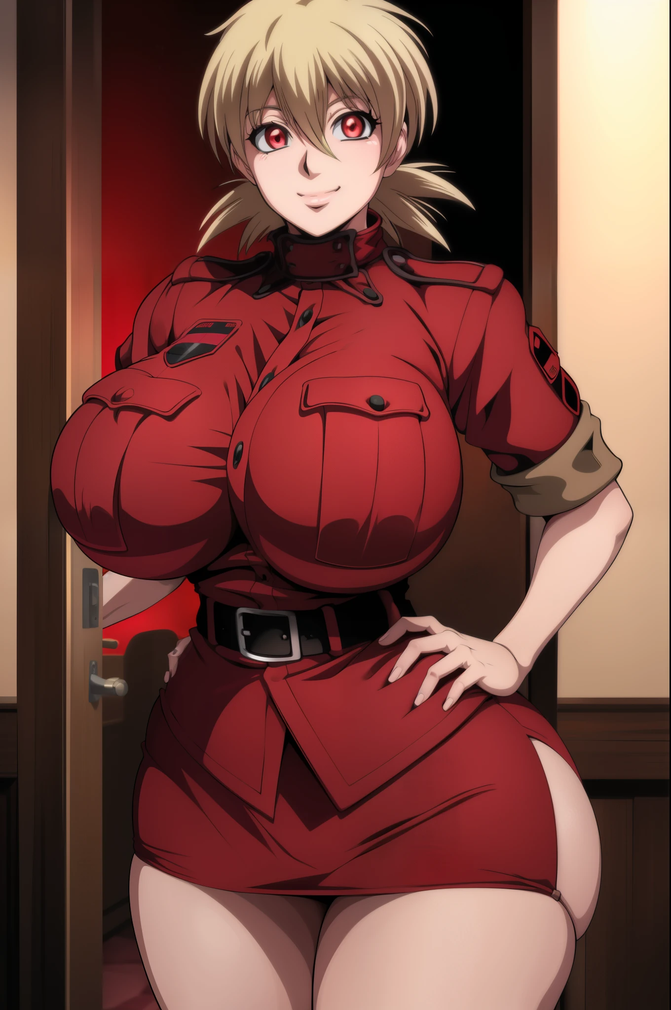 High resolution, Hellsing Ultimate art style, Seras Victoria, 1girl, ((bimbo))), short blond hair, red eyes, puffy lips, thick lips, wide hips, thick thighs, enormous fake breast, huge ass, romantic smile, tight police uniform, red skirt, breasts squeezed together, night time,