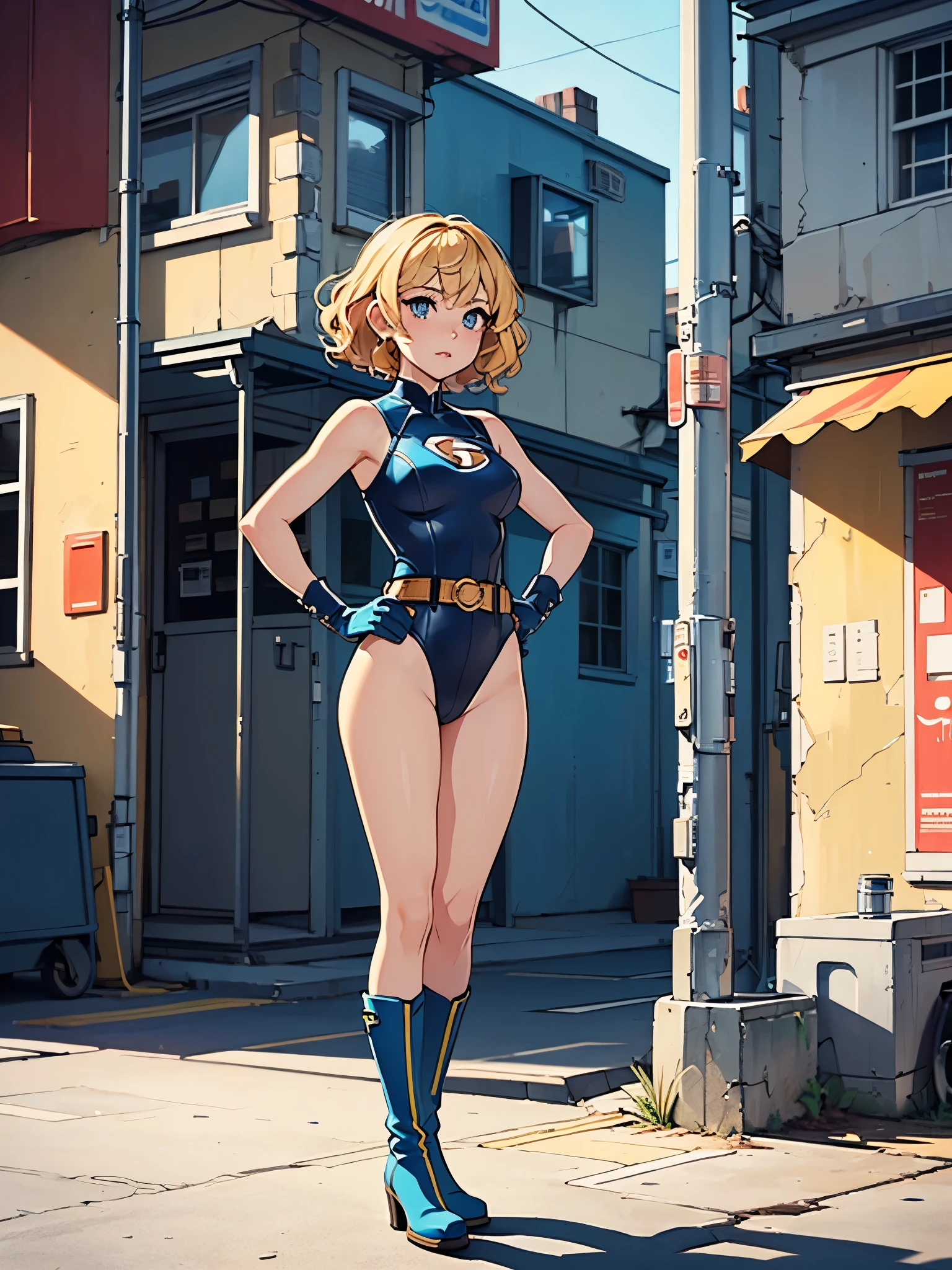 1girl, medium breasts, (leotard, highleg leotard, light blue leotard), (lighting bolt emblem on chest), bare legs, (tight belt, boots, matching boots, gloves, city backdrop, solo, single, hands on hip, standing, full body shot, cowboy shot, superhero, beautiful detailed eyes, power, diffraction spikes, blonde hair, short hair, wavy hair, high school backdrop, outdoors, mature lady, teacher
