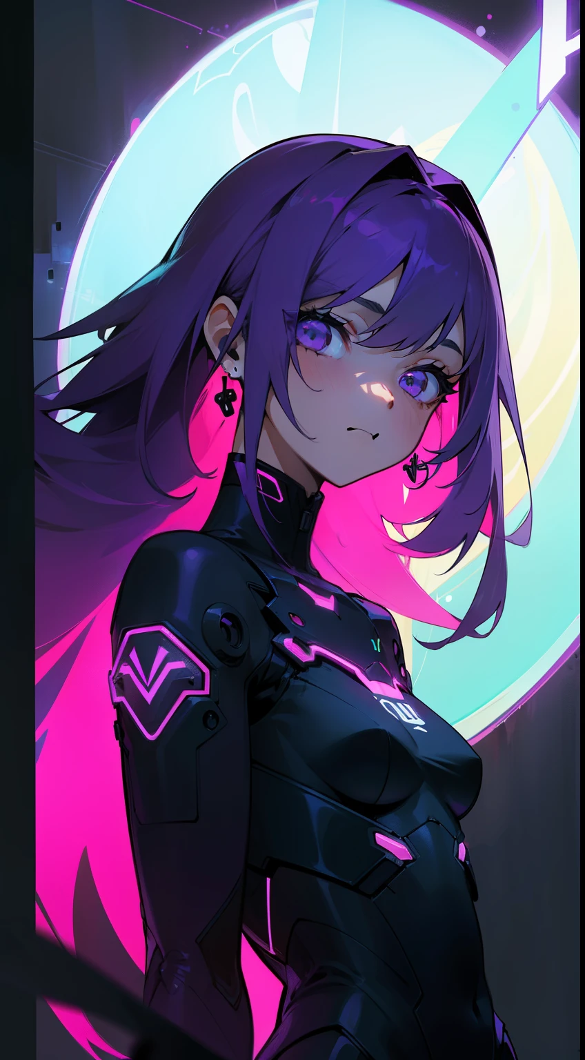 Detalles intrincados: 1.2, Ultra-detallado、1 girl, purple hair, Corte de cuenco corto, Ojos morados brillantes, (purple neon color:1.5), pechos grandes y llenos, glowing neon earrings, tatuajes corporales, Pulsera en mano、Movie Posters、Representa a una mujer joven como personaje central。She stands confidently in the center of the poster.，Usa un atuendo futurista cyborg de moda，(purple neon colorに輝くコスチューム:1.3)，con expresiones decididas en sus rostros、Fondo oscuro y granulado，There's a sense of crisis and a strong sense、Add drama and overall excitement。The color palette is dominated by dark colors，Salpicado de colores brillantes、Arte de la pantomima、Lenguaje corporal expresivo、silent storytelling、Gestos evocadores、Narrativas visuales、(neon glowing cyberpunk wall)