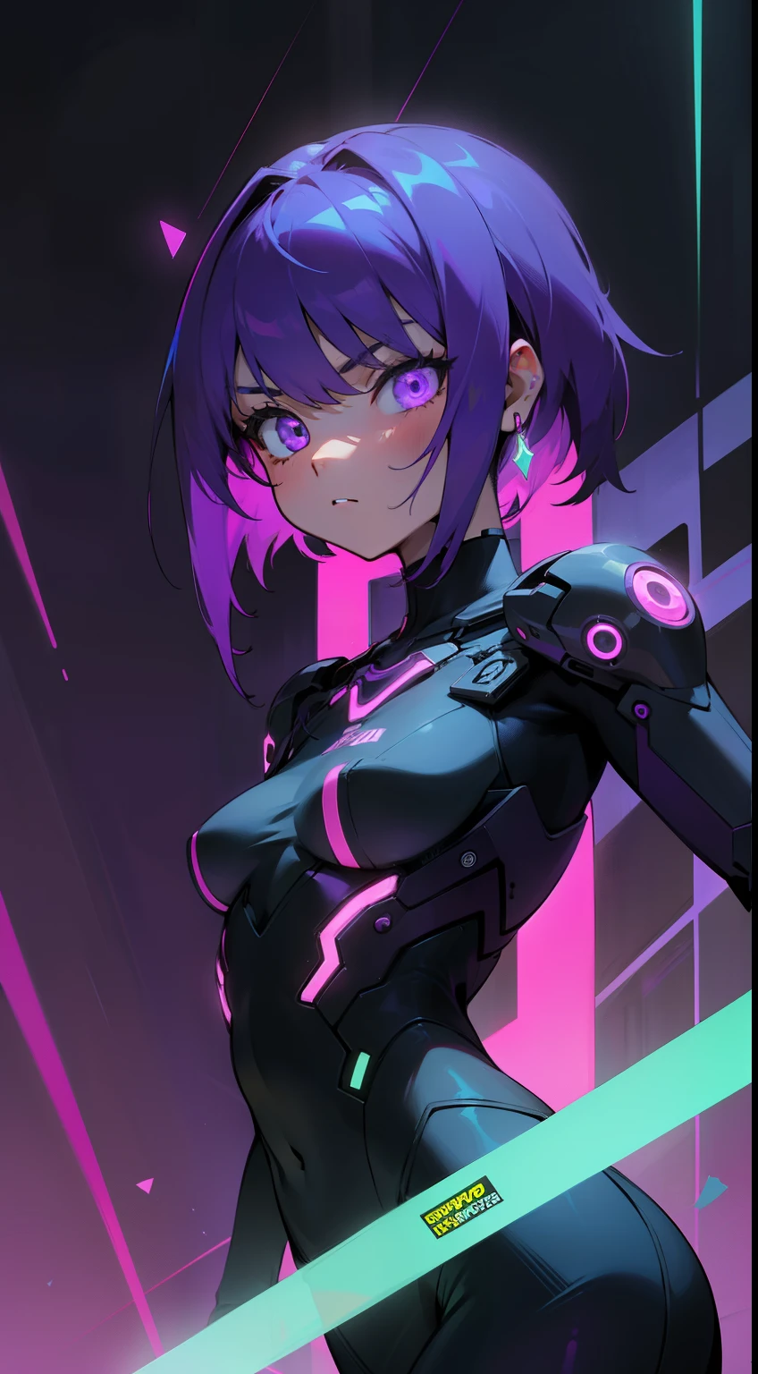 Detalles intrincados: 1.2, Ultra-detallado、1 girl, purple hair, Corte de cuenco corto, Ojos morados brillantes, (purple neon color:1.5), pechos grandes y llenos, glowing neon earrings, tatuajes corporales, Pulsera en mano、Movie Posters、Representa a una mujer joven como personaje central。She stands confidently in the center of the poster.,Usa un atuendo futurista cyborg de moda,(purple neon colorに輝くコスチューム:1.3),con expresiones decididas en sus rostros、Fondo oscuro y granulado,There's a sense of crisis and a strong sense、Add drama and overall excitement。The color palette is dominated by dark colors,Salpicado de colores brillantes、Arte de la pantomima、Lenguaje corporal expresivo、silent storytelling、Gestos evocadores、Narrativas visuales、(neon glowing cyberpunk wall)