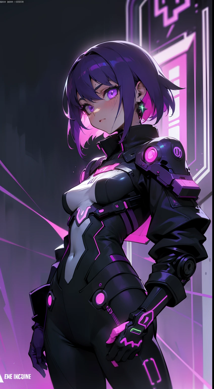 Detalles intrincados: 1.2, Ultra-detallado、1 girl, purple hair, Corte de cuenco corto, Ojos morados brillantes, (purple neon color:1.5), pechos grandes y llenos, glowing neon earrings, tatuajes corporales, Pulsera en mano、Movie Posters、Representa a una mujer joven como personaje central。She stands confidently in the center of the poster.,Usa un atuendo futurista cyborg de moda,(purple neon colorに輝くコスチューム:1.3),con expresiones decididas en sus rostros、Fondo oscuro y granulado,There's a sense of crisis and a strong sense、Add drama and overall excitement。The color palette is dominated by dark colors,Salpicado de colores brillantes、Arte de la pantomima、Lenguaje corporal expresivo、silent storytelling、Gestos evocadores、Narrativas visuales、(neon glowing cyberpunk wall)