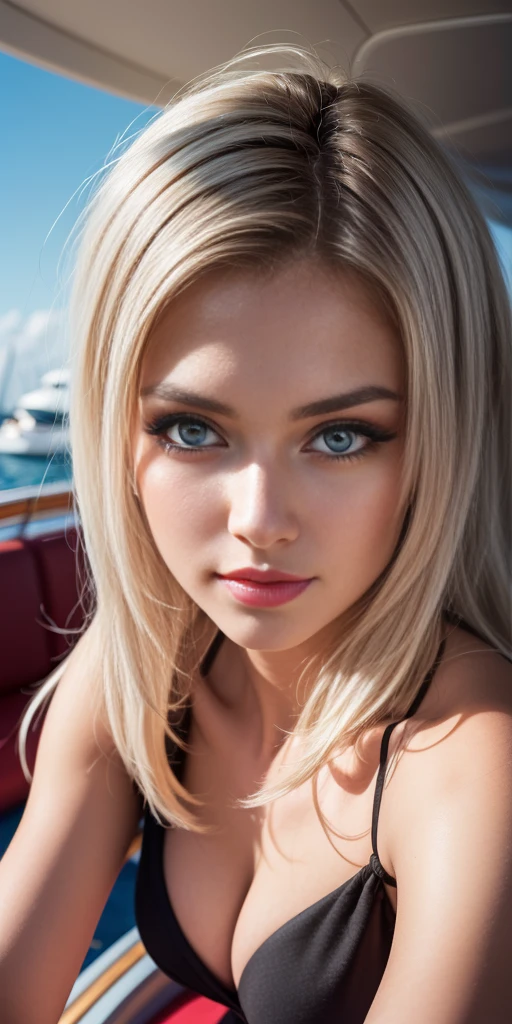 ((Elisha Cuthbert steht an Deck einer Yacht an der Bar), (blauer Himmel), (()), ((very slim and tall woman)), ((short white crochet dress)), (fotorealistisch), (Raytracing), (Kinobeleuchtung), (scharfer Fokus), natural and realistic skin textures, long white-blond hair, (she has many dark freckles on her face and torso), (((Cameltoe))), ((deutlicher Kamelzeh)), ((Blick von unten zur Frau hinauf)), ((small round breasts))