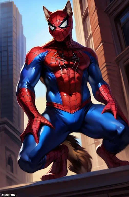 solo, german shepherd, overweight, wearing red and blue spiderman, spiderman spandex costume, classic spiderman suit print, unmasked, no masked, full body view, frontal shot, at top of building rooftop, by darkgem by chunie by juiceps, digital art, comic art style
