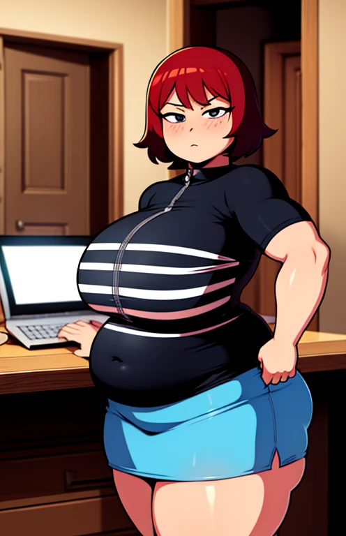 8K ultra HD quality, perfect resolution, Digital Art, DeviantArt, 2010, 1girl, Kim Pine, red hair, medium breasts, muscular arms, chubby, belly fat, wide hips, fully clothed, safe, appropriate, perfectly drawn, no mistakes