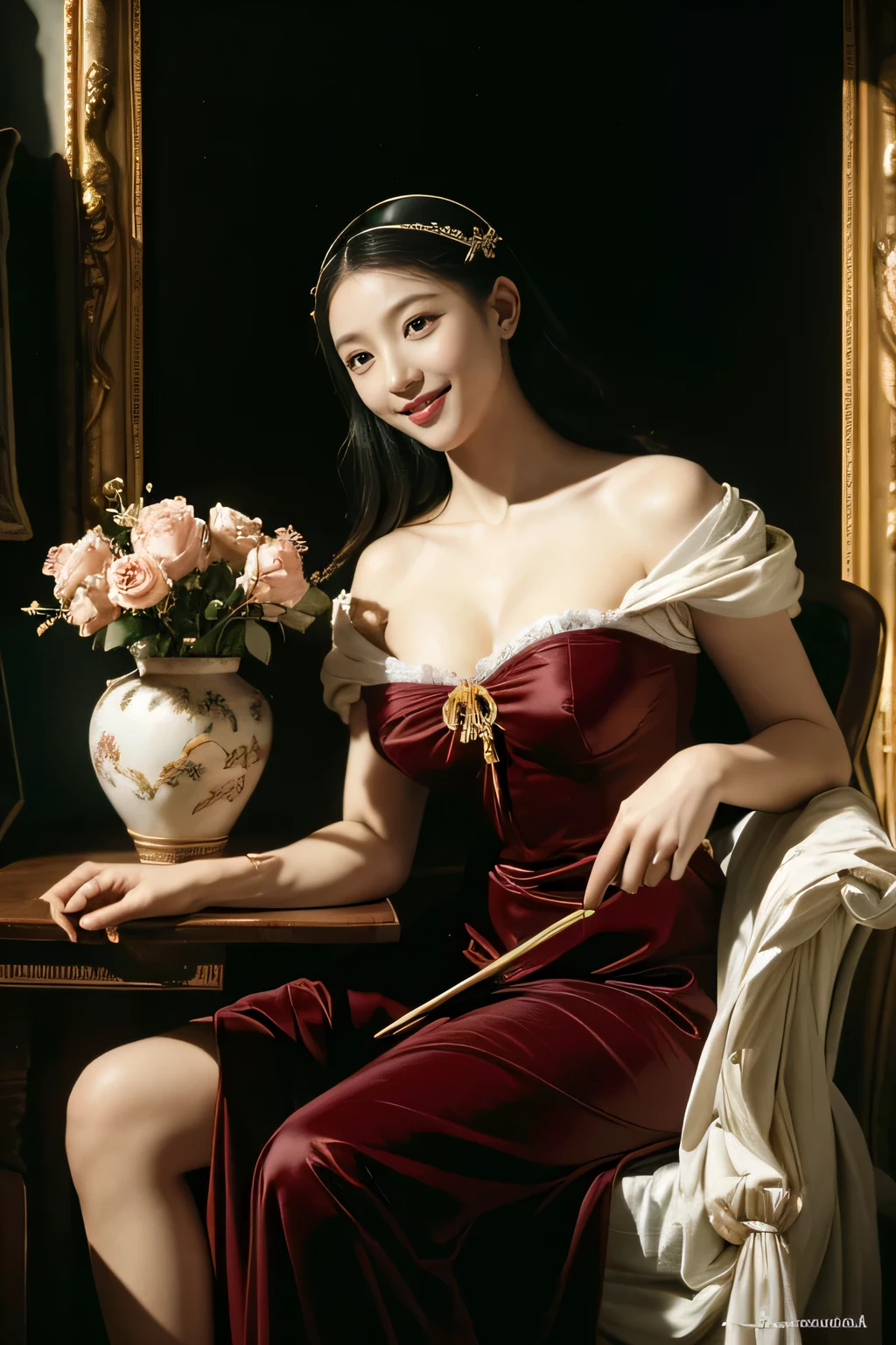 Chiaroscuro of Caravaggio,Math、Astronomical utensils,astronault,Roses in a vase,fruits,cute little,A smile,Ancient Greek costumes,Paintings by Sandro Botticelli,Costume with stretched shoulders,huge smile,large full breasts,Ecstasy expression,A sexy,erotick,Seduce you,Underwear