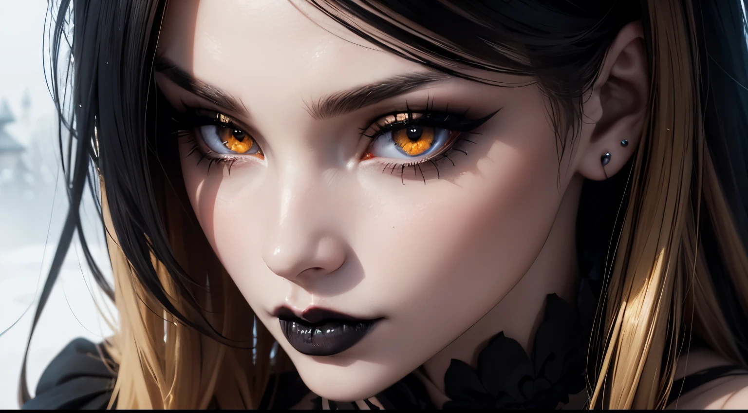 (best quality) (close up) (headshot) beautiful gothic woman with snow white skin golden blond hair with black ombre with a center part hair and amber eyes wearing black lip stick and black makeup with tattoos, looking over shoulder, HDR, 4K, 3D
