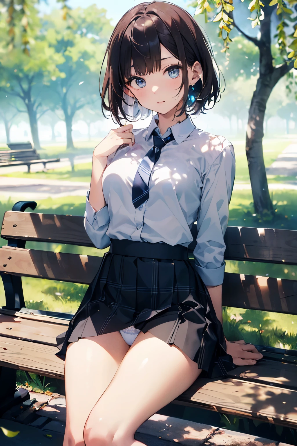 (top-quality、in 8K、32K、masterpiece、nffsw、超A high resolution、Impresionismo、Photorealsitic:1.2)、cowboy shot、foco nítido、detailed faces and eyes、(À la Fed Tree with Purple Flowers in Park with Bench, Breathtakingly beautiful tree々, Breathtaking - beautiful tree々々taking photo, Weeping willow and flowers, inspired by Matsumura Goshun, by Ikuo Hirayama, by Takeharu Matsumura, Magic Tree, by Kaii Higashiyama, Beautiful trees, very magical and dreamy)、Sharp pupils、Realistic eyes and beautiful face、18 year old beautiful girl、shinny skin、Bery short hair、Beautiful dark brown hair、Blunt bangs、Dark blue eyes、Shirt、neck tie、Plaid miniskirt、Black socks、(Have a skirt、Lifting skirt、I can see the white panties:1.3)、(Embarrassed look:1.2)、Mel Kishida
