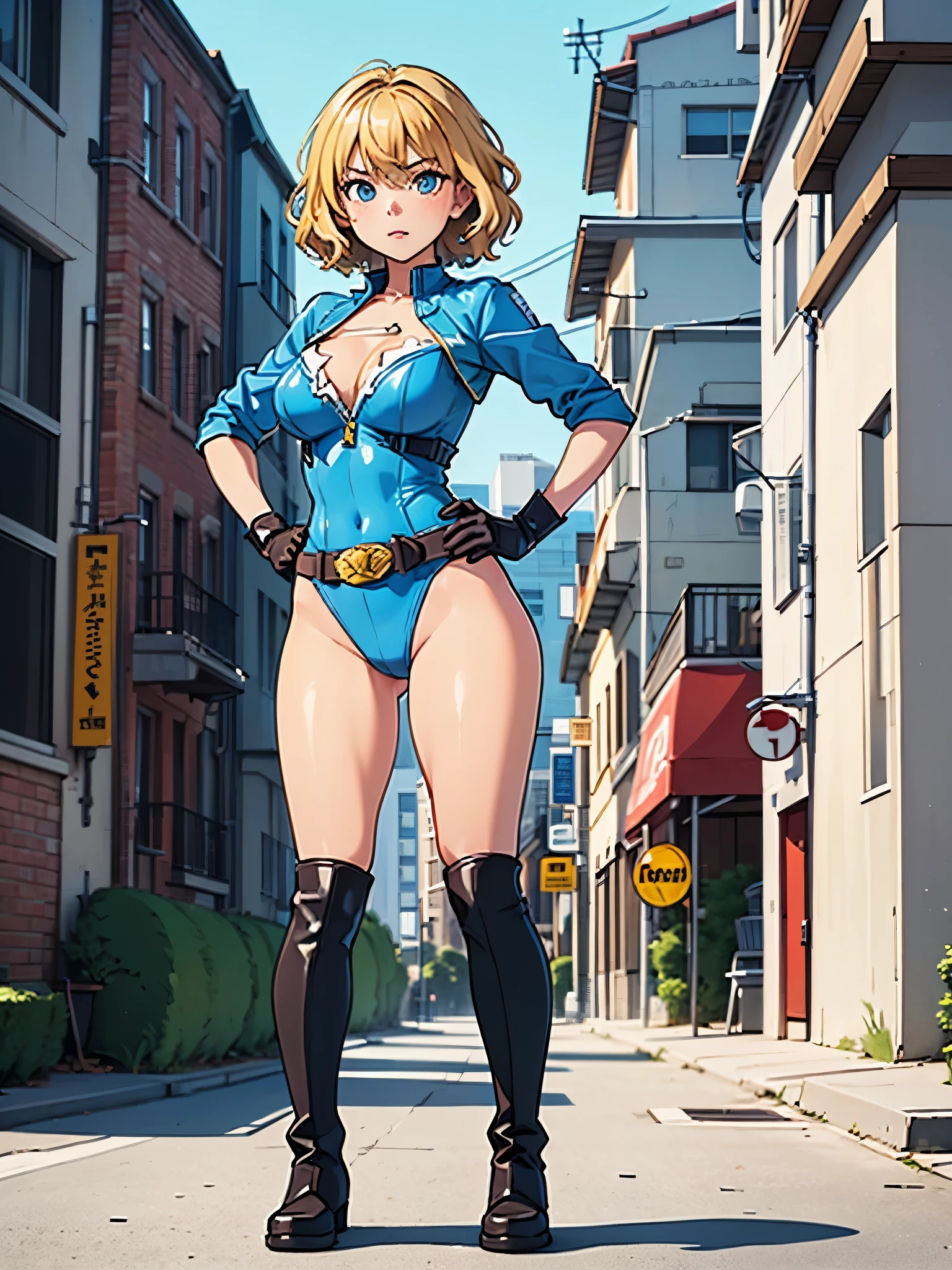 1girl, medium breasts, (leotard, highleg leotard, light blue leotard), (lighting bolt emblem on chest), bare legs, (tight belt), boots, matching boots, gloves, city backdrop, solo, single, hands on hip, standing, full body shot, cowboy shot, superhero, beautiful detailed eyes, power, diffraction spikes, blonde hair, short hair, wavy hair, high school backdrop, outdoors, mature lady, teacher