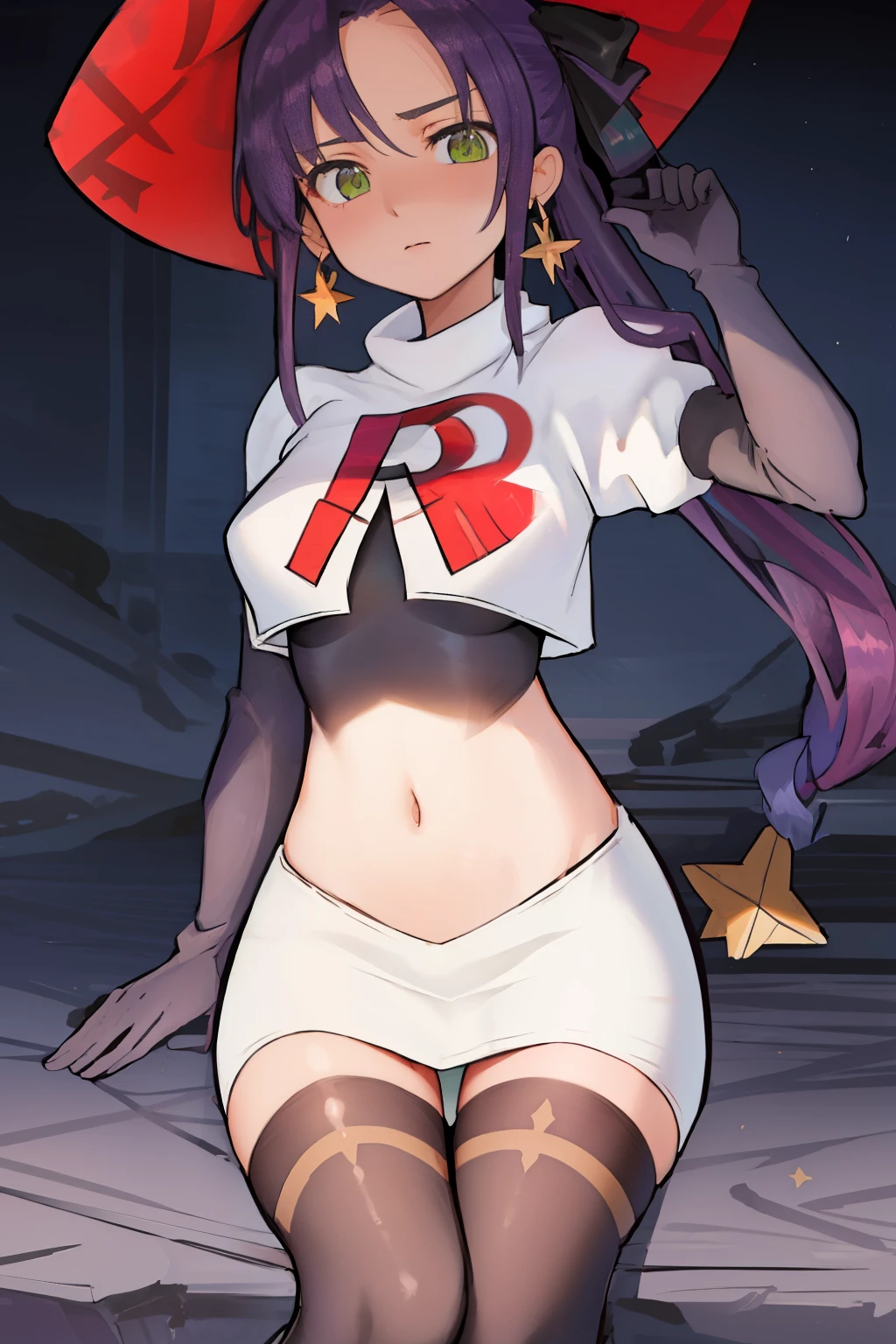 best quality, masterpiece, highres, solo, {mona_genshin:1.15}, long_hair, twintails, bangs, black_hair, breasts, blush, green_eyes, hat, jewelry, star_\(symbol\), witch_hat, earrings, medium_breasts,1girl,purple_headwear, star_earrings, hair_between_eyeackground, purple_hair, team rocket,team rocket uniform,white skirt,red letter R,crop top,black thigh-highs,black elbow gloves
