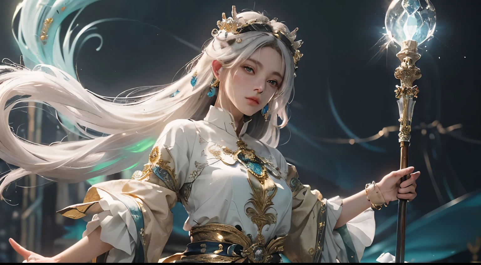 tmasterpiece,Best quality,A high resolution,8K,(Portrait),Head close-up,Digital Photography,(The goddess of mercy full of cyberpunk style),(Guanyin bodhisattva),Halo of red magic shining behind the characters,White hair,A plump chest,cleavage,Elegant and serious,Arrogant and indifferent,(The Crown of the Gods),ancient and mysterious,stately,greybackground,oc render reflection texture