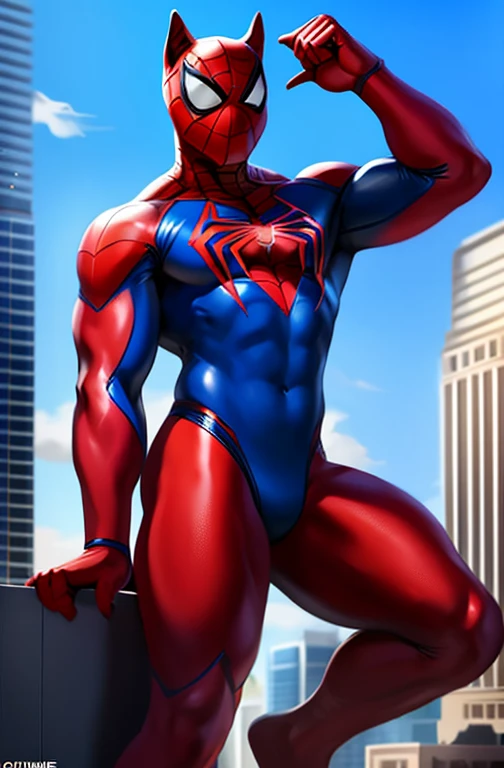 solo, german shepherd, overweight, wearing a blue and red costume with a red spider - man mask, spiderman, lycra costume, spiderman!!, spider - man, spider-man, highly detailed spider - man, spider webbed body, skintight suits, in spandex suit, unmasked, no masked, full body view, frontal shot, at top of building rooftop, by darkgem by chunie by juiceps, digital art, comic art style