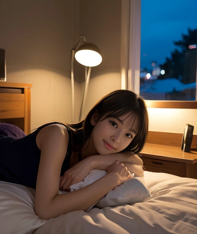 (ultra-detailliert、Raw photo、Top image quality、Realistic)、Relaxed night time、A peaceful bedroom、Relaxed、Before going to bed、A scene where you can feel the warm light and peace of mind in the bedroom.、warm lamp