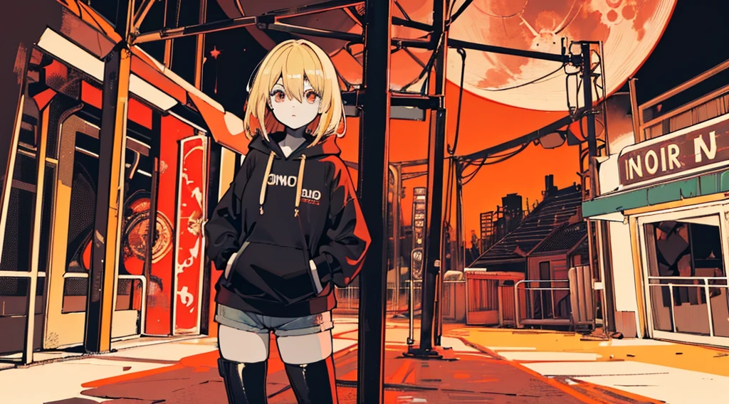 (1 girl, blonde hair, black hoodie, hot pants), (abandoned amusement park, late night, red moon), (low contrast, flat color, limited palette)
