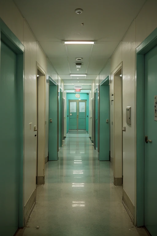 Turquoise Green Wooden Doors. Hospital Corridors. "Old" "Worn Out" "Scary Appearance" "Long corridor"