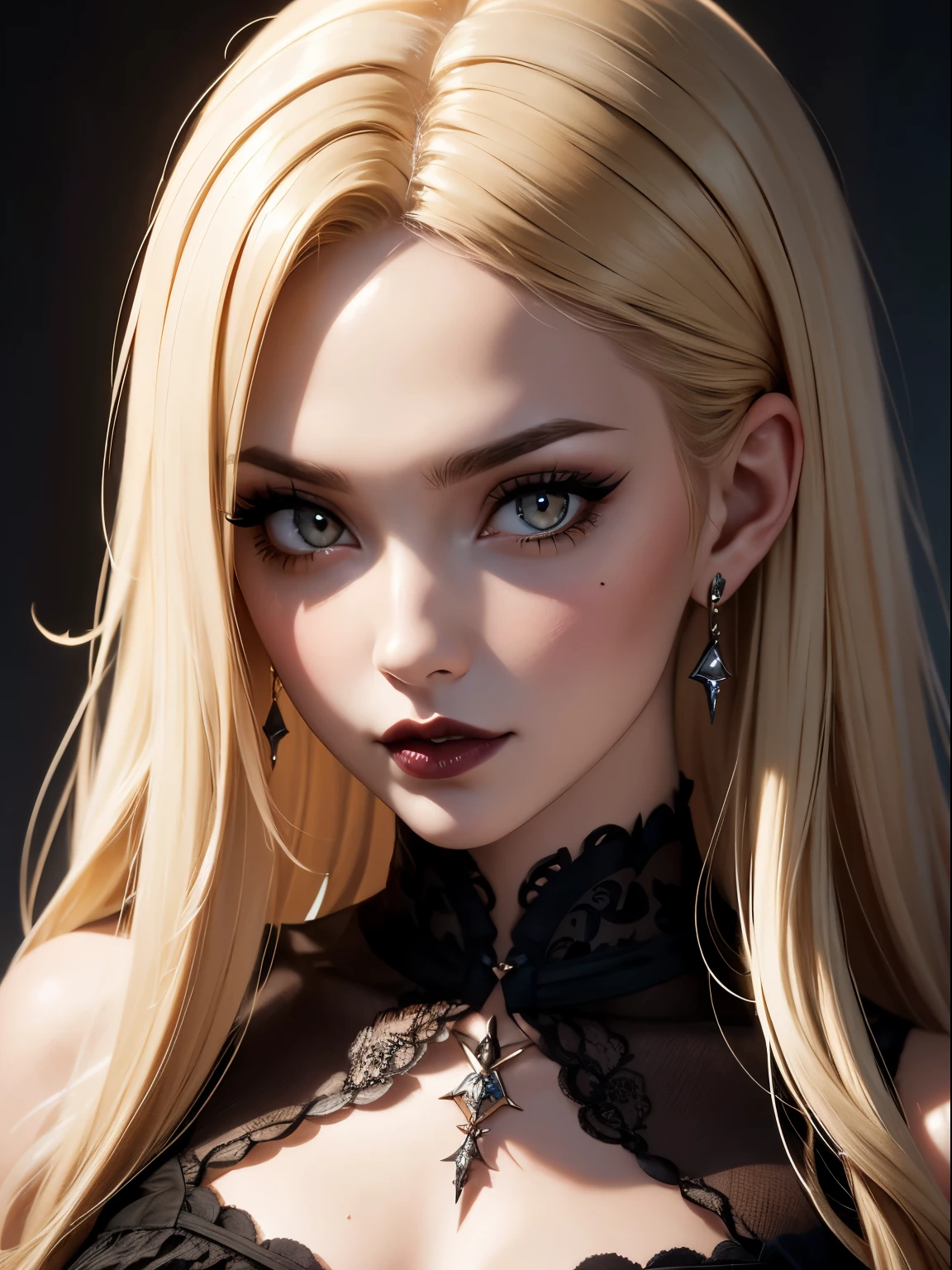 (best quality) (close up) (headshot) beautiful gothic woman with snow white skin golden blond hair with black ombre with a center part hair and amber eyes wearing black lip stick and black makeup with tattoos, looking over shoulder, HDR, 4K, 3D