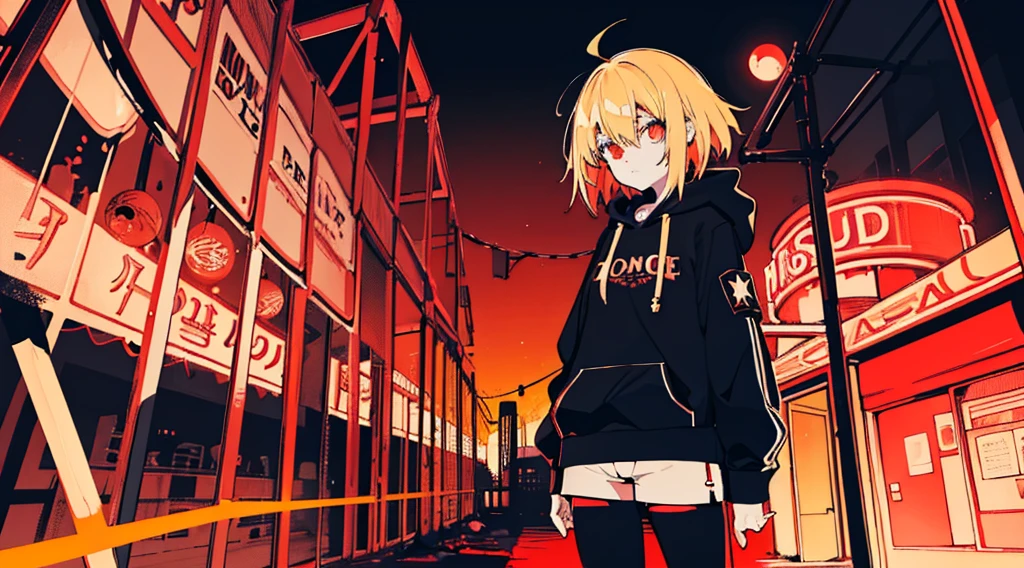 (1 girl, blonde hair, black hoodie, hot pants), (abandoned amusement park, late night, red moon), (low contrast, flat color, limited palette)