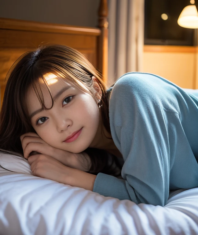 （ultra-detailliert、Raw photo、Top image quality、Realistic）、Relaxed night time、A peaceful bedroom、Relaxed、Before going to bed、A scene where you can feel the warm light and peace of mind in the bedroom.、warm lamp、warm pajamas