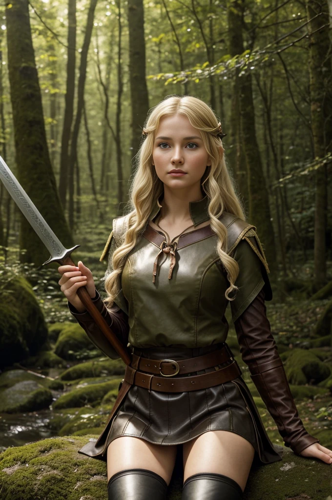Russian girl 15 years old - elf archer in the forest (RPG),blonde curly tousled hair, Delicate features of a thin face, Fantasy,TOLKIEN,8K ,真实感, Photo , hight resolution, real looking skin, , No cosmetics, Knee-high Photos, Long pointed elven ears (TOLKIEN), Bow in hand, incredibly fair skin, leather order , Leather Leggings, short fabric skirt, wide leather strap、with sheath, bow and quiver, Sword in his right hand, belt sheath, medieval view, Dense forest, rocky creek, The sun is a tree々shines light through the treetops of, looks to the side, she sat on his lap,incredibly beautiful calves,and thighs,Snow White skin,