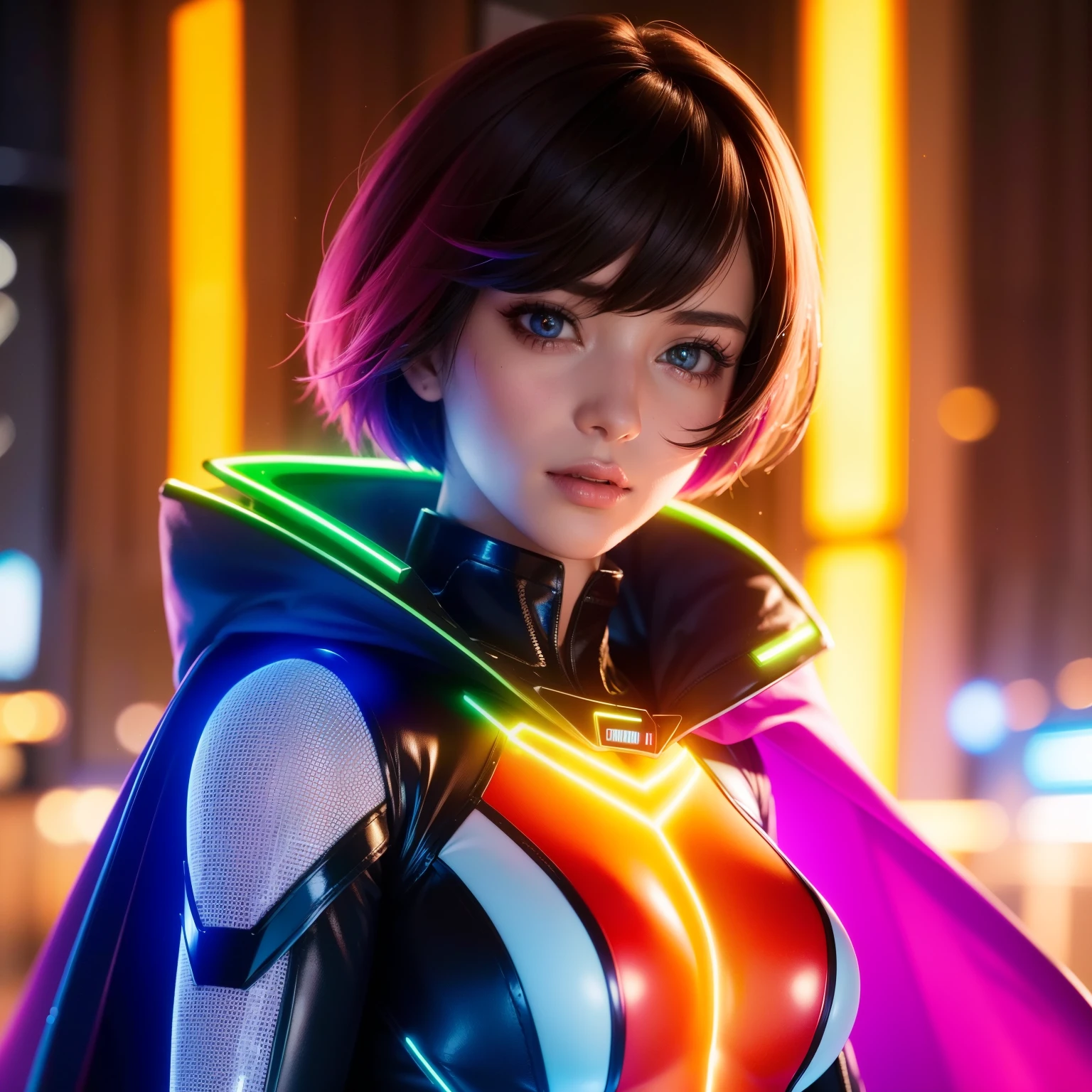 Bust to waist ((perfect beauty face)) perfect skin, hyperrealistic masterpiece, Superheroine woman ((fringe glowing colorful)) in extremely complex & superdetailed tight plugsuit ((with white cape)), sharp focus, cinematic illumination: 8k, (((neos-cyberpunkcore aesthetic style::1)))