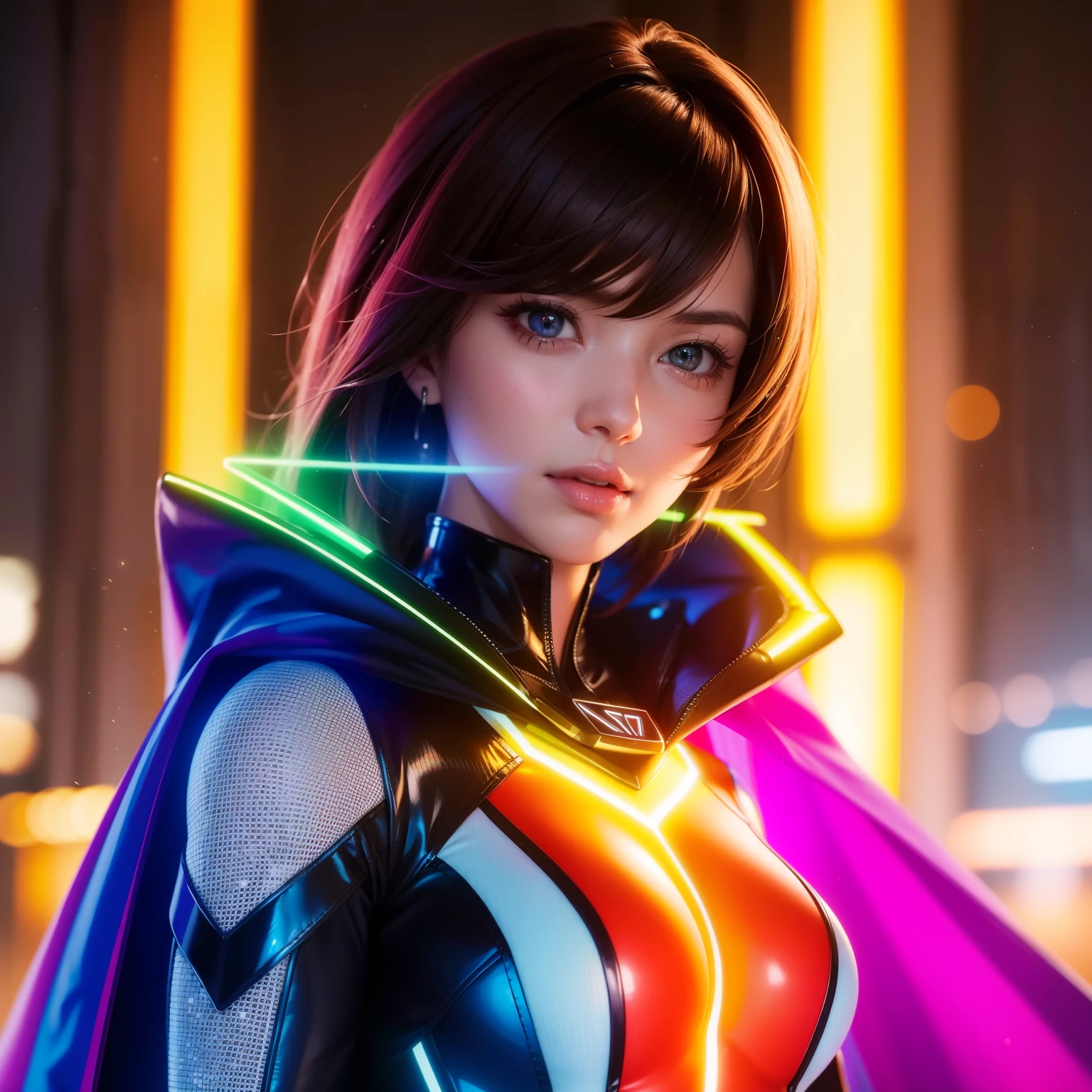 Bust to waist ((perfect beauty face)) perfect skin, hyperrealistic masterpiece, Superheroine woman ((fringe glowing colorful)) in extremely complex & superdetailed tight plugsuit ((with white cape)), sharp focus, cinematic illumination: 8k, (((neos-cyberpunkcore aesthetic style::1)))