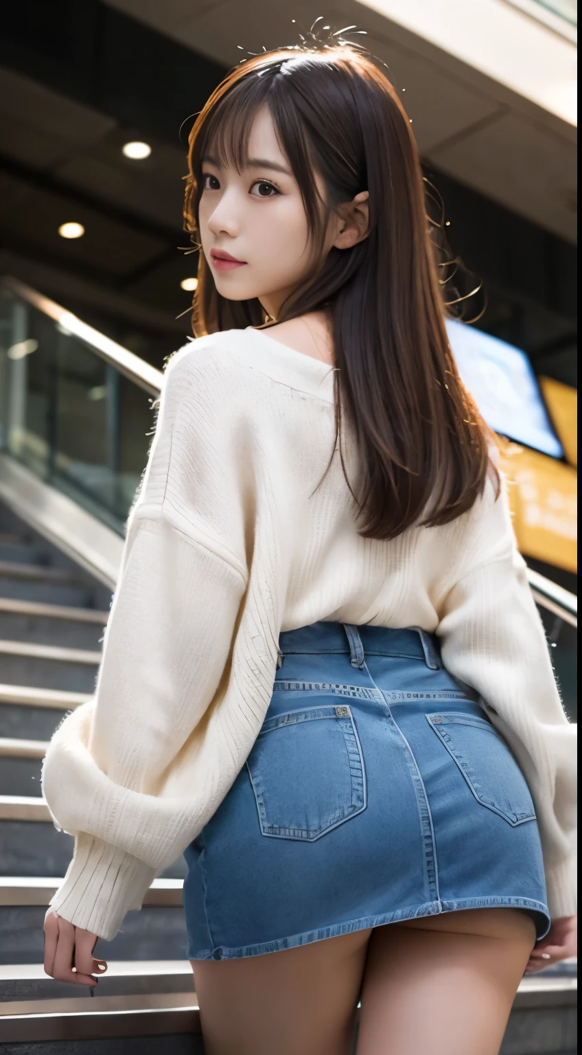 Realistic images of Japanese beautiful girls, 1girl in, (Photorealistic:1.4), masutepiece, Best Quality, 8K, 32K,Department store upward escalator,a miniskirt、short coat、bottom body close up、View from behind、Very low camera angle、Slouched、bent forward、((Panchira:1.3))、Buttocks