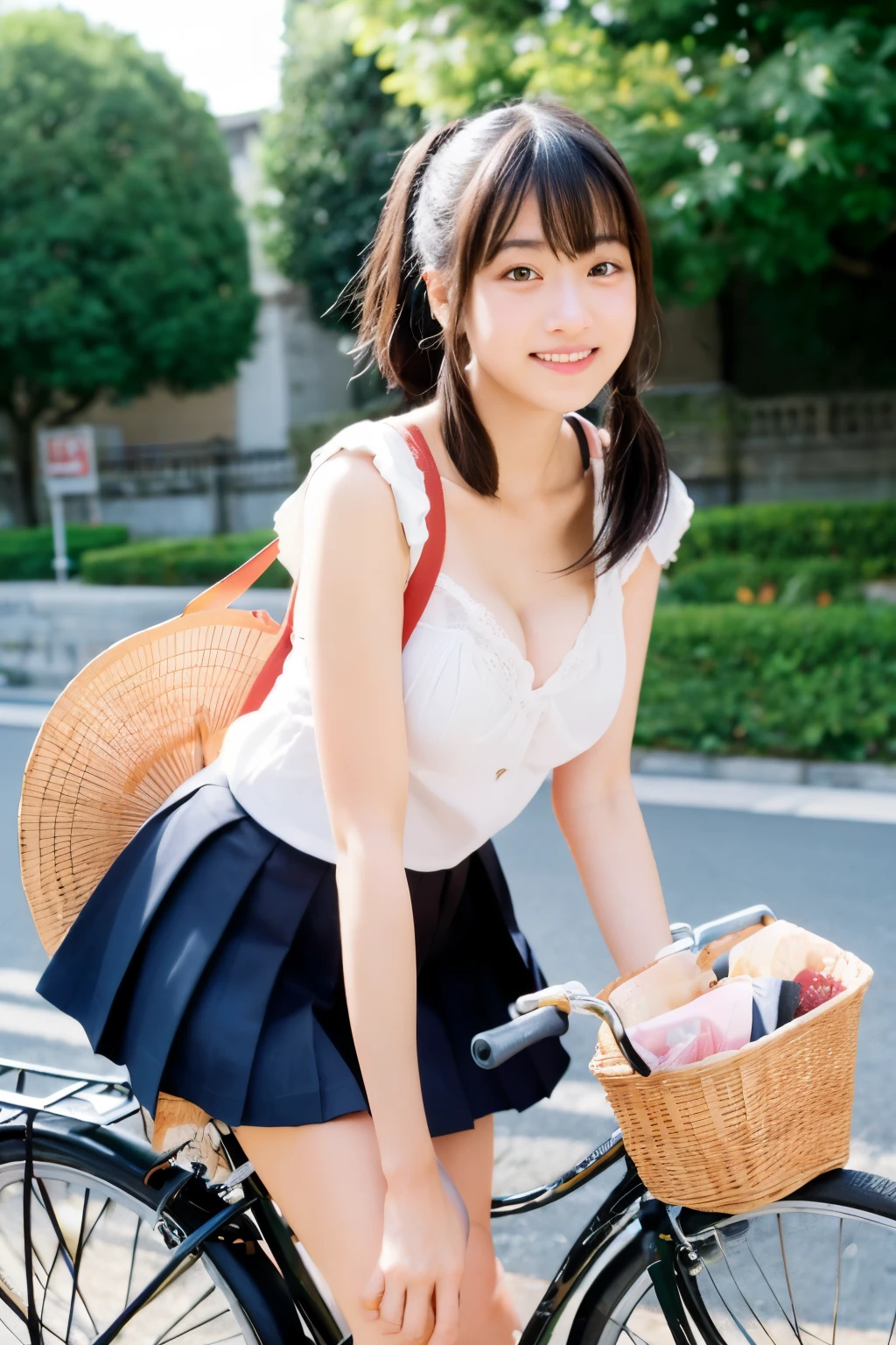 ((Best Quality)), ((masutepiece)), (Detailed), Real Japan Beautiful Girl、Commuting to school by bicycle on a hot day、School Summer Uniform、40cm miniskirt above the knee、poneyTail、beautiful thigh、Muchimuchi、armpit visible from sleeve、undergarment、cleavage of the breast