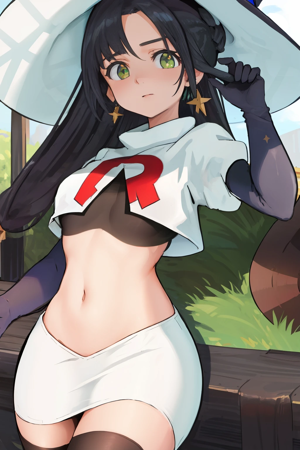 beautiful, masterpiece, best quality, extremely detailed face, perfect lighting, 1girl, solo, akari \(pokemon\), from above, outdoors, sunny, grass, wind, nude, disheveled robes, nsfw, breasts, spread legs, pussy, body focus, medium shot, body focus, upset girl