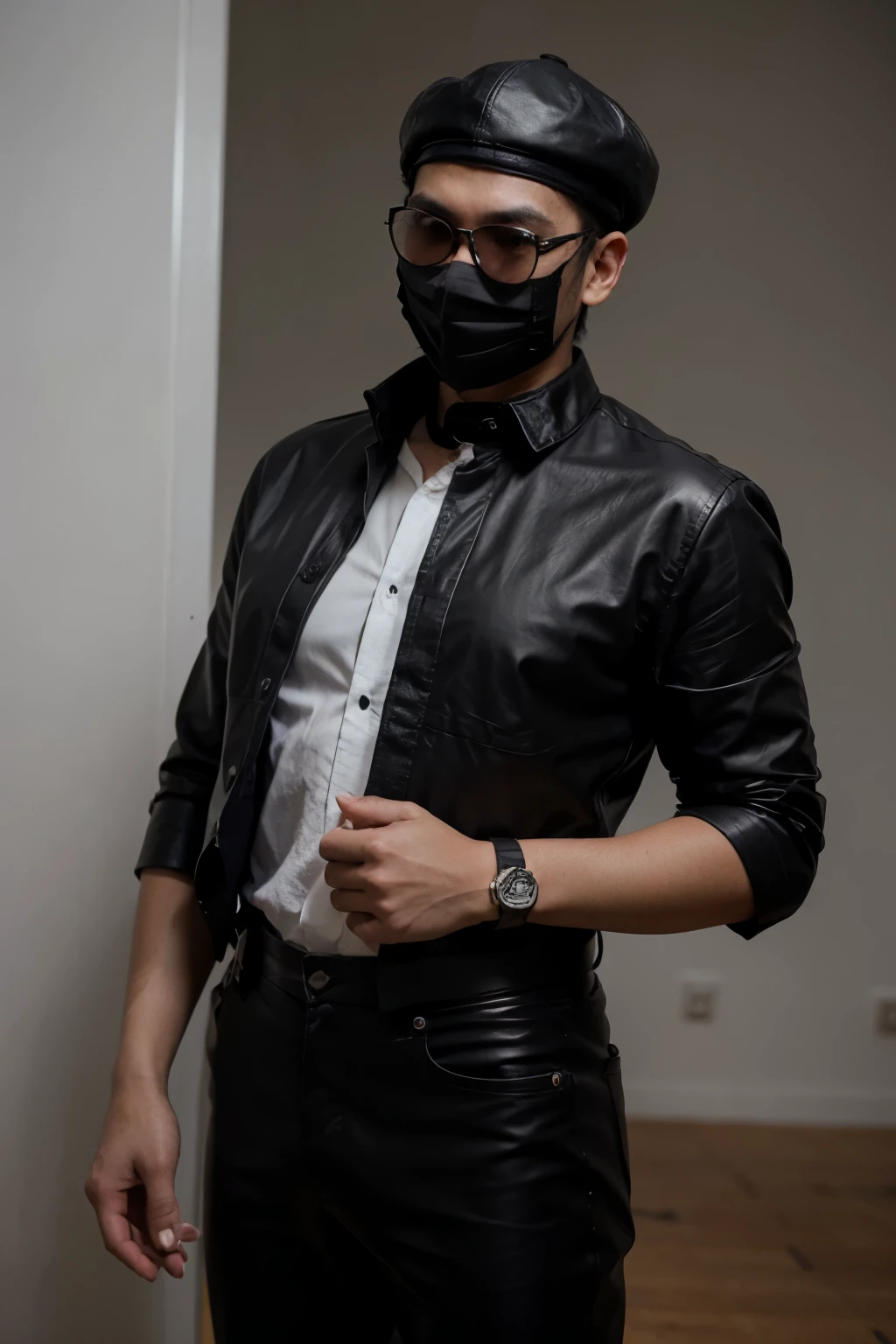 hyper realistic image, one tall malay muslim guy, Malay face, humble person, a bit dark skin, wearing sunglasses, english vintage hat, long black tuxedo, black leather glove,  black shirt, short hair, beard, black slack pants, rolex watch, put out his black mask,