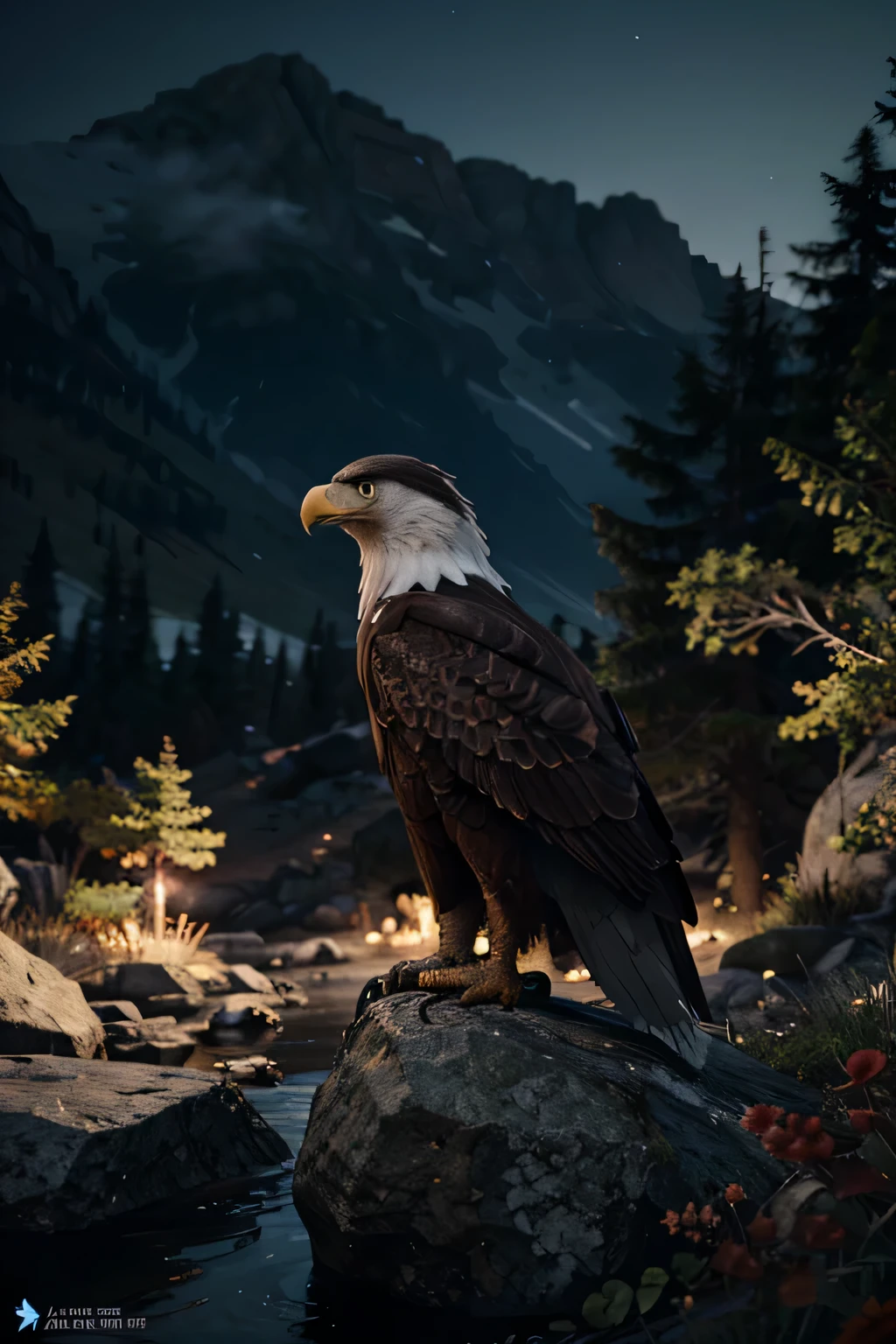 Eagle with landscape and ambient lighting from God of War. Imagem 8k