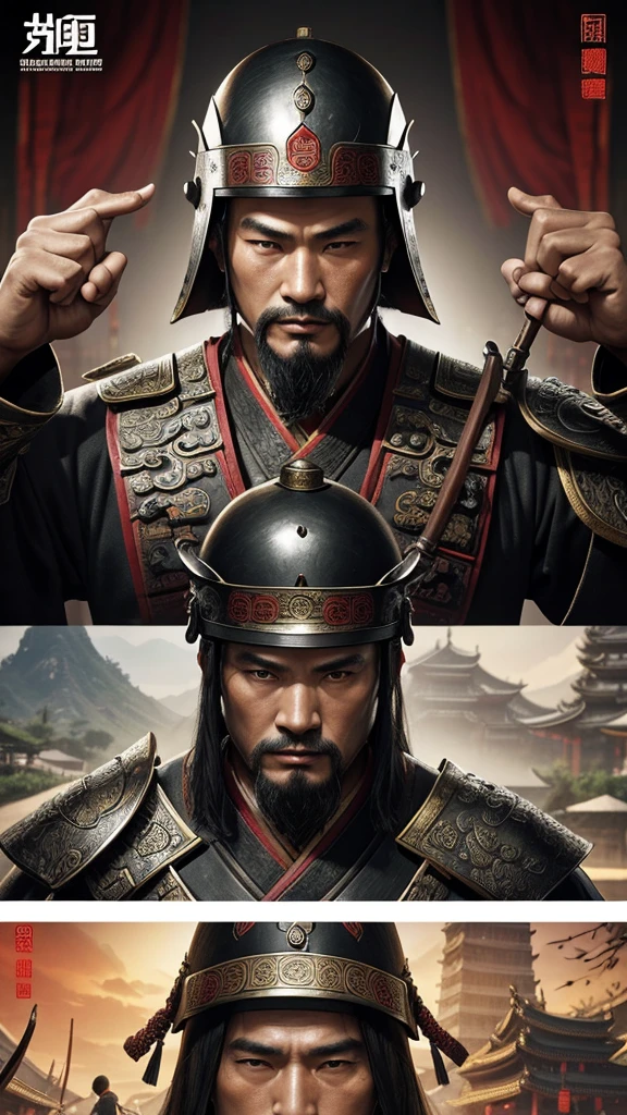 oriental、man in ancient chinese clothes、Ancient Chinese man wearing a leather helmet、a simple man、three kingdom、multiple warlords、top-quality、masterpiece、超A high resolution、(Photorealsitic:1.4)、Game Posters、Clear and beautiful image quality、