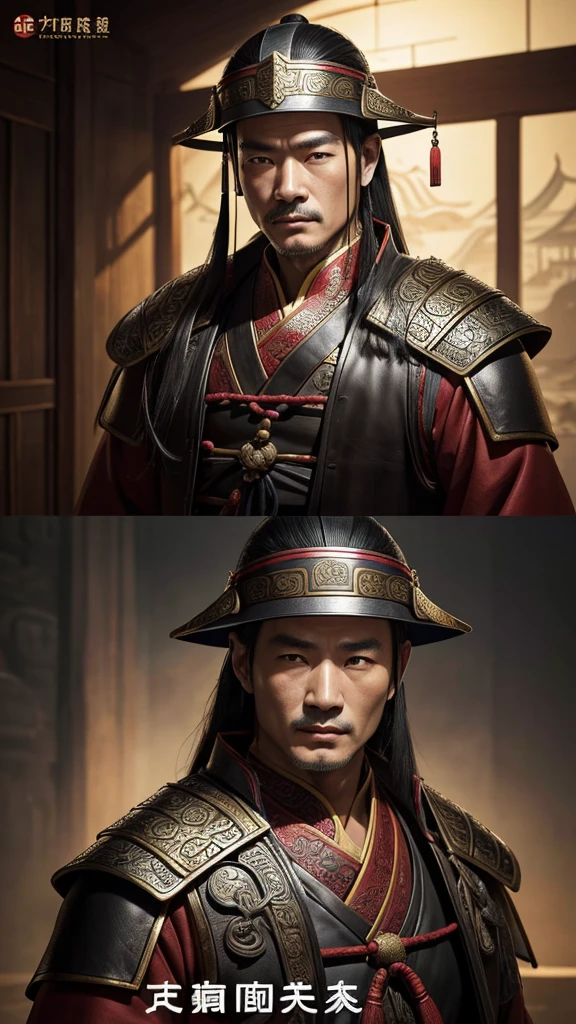 oriental、man in ancient chinese clothes、Ancient Chinese man wearing a leather helmet、a simple man、three kingdom、multiple warlords、top-quality、masterpiece、超A high resolution、(Photorealsitic:1.4)、Game Posters、Clear and beautiful image quality、