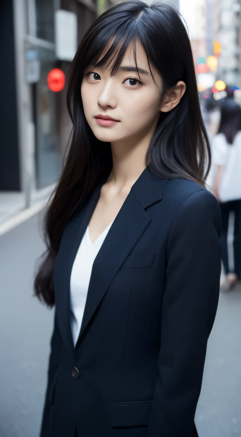 1 female,18year old,(Numeric Portrait:Mayu Yokota, Yuko Araki),黑The eye,Beautiful face,(Thin skeletal surface+The delicate face of),hyperdetailed face,(Delicate Japan makeup), Black colored eyes,Microcurls for long hair,(Messy and layered, By bangs), ssmile,Look into the camera,In fairness ,(Best skin type:1.21),(鎖骨:1.2),Slim fit suit for women,Short white shirt with V-neck,Short Hip Wrapping Skirt,Thin waist Long legs,the street,((Hasselblad Photo Grapp)),Surreal Photography, physically-based renderingt,profetional lighting,exquisite detailing,详细的脸,The picture is pure,perfect hand,Perfect posture,Ultra-fine makeup,ultra-fine clothing material、Live-action、