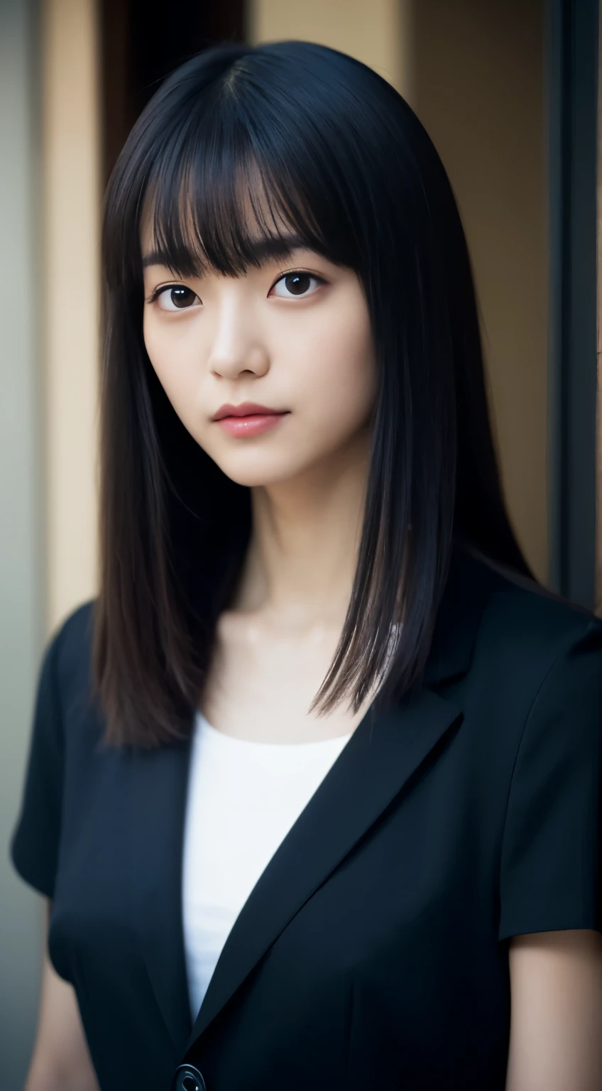 1 female,18year old,(Numeric Portrait:Mayu Yokota, Yuko Araki),黑The eye,Beautiful face,(Thin skeletal surface+The delicate face of),hyperdetailed face,(Delicate Japan makeup), Black colored eyes,Microcurls for long hair,(Messy and layered, By bangs), ssmile,Look into the camera,In fairness ,(Best skin type:1.21),(鎖骨:1.2),Slim fit suit for women,Short white shirt with V-neck,Short Hip Wrapping Skirt,Thin waist Long legs,the street,((Hasselblad Photo Grapp)),Surreal Photography, physically-based renderingt,profetional lighting,exquisite detailing,详细的脸,The picture is pure,perfect hand,Perfect posture,Ultra-fine makeup,ultra-fine clothing material、Live-action、