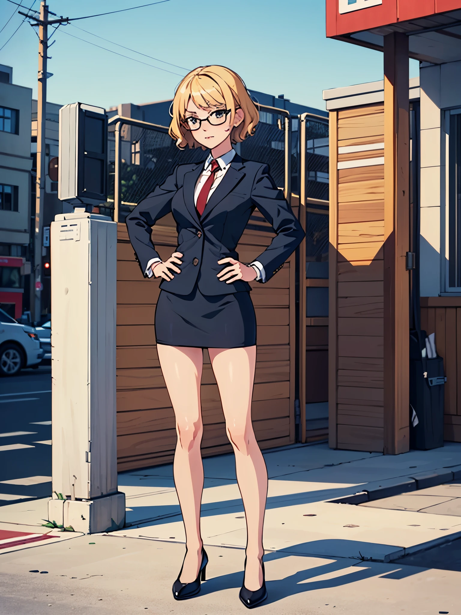 1girl, medium breasts, suit, skirt, pencil skirt, bare legs, glasses, shoes, city backdrop, solo, single, hands on hip, standing, full body shot, cowboy shot, beautiful detailed eyes, blonde hair, short hair, wavy hair, high school backdrop, outdoors, mature lady, teacher