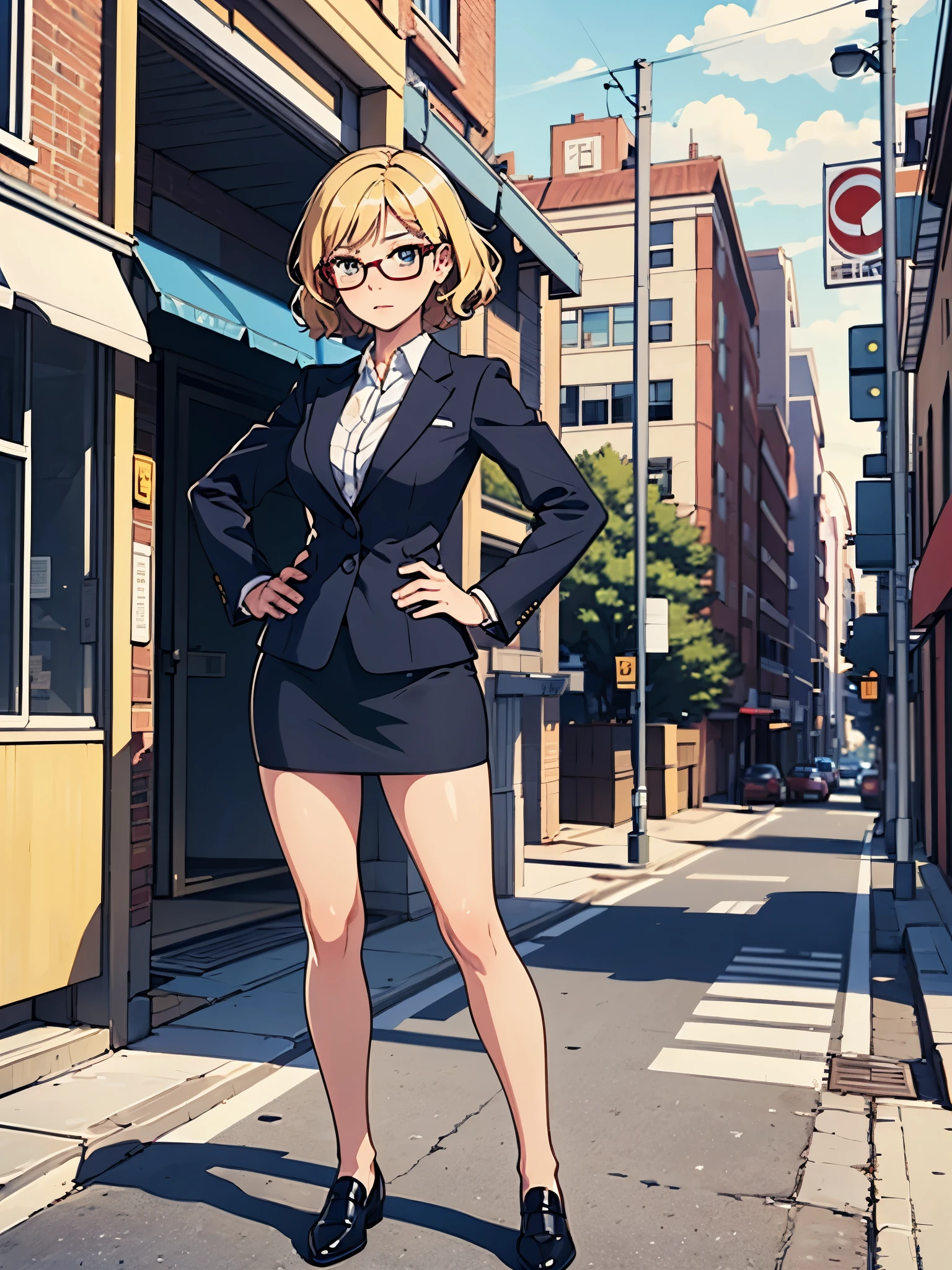 1girl, medium breasts, suit, skirt, pencil skirt, bare legs, glasses, shoes, city backdrop, solo, single, hands on hip, standing, full body shot, cowboy shot, beautiful detailed eyes, blonde hair, short hair, wavy hair, high school backdrop, outdoors, mature lady, teacher