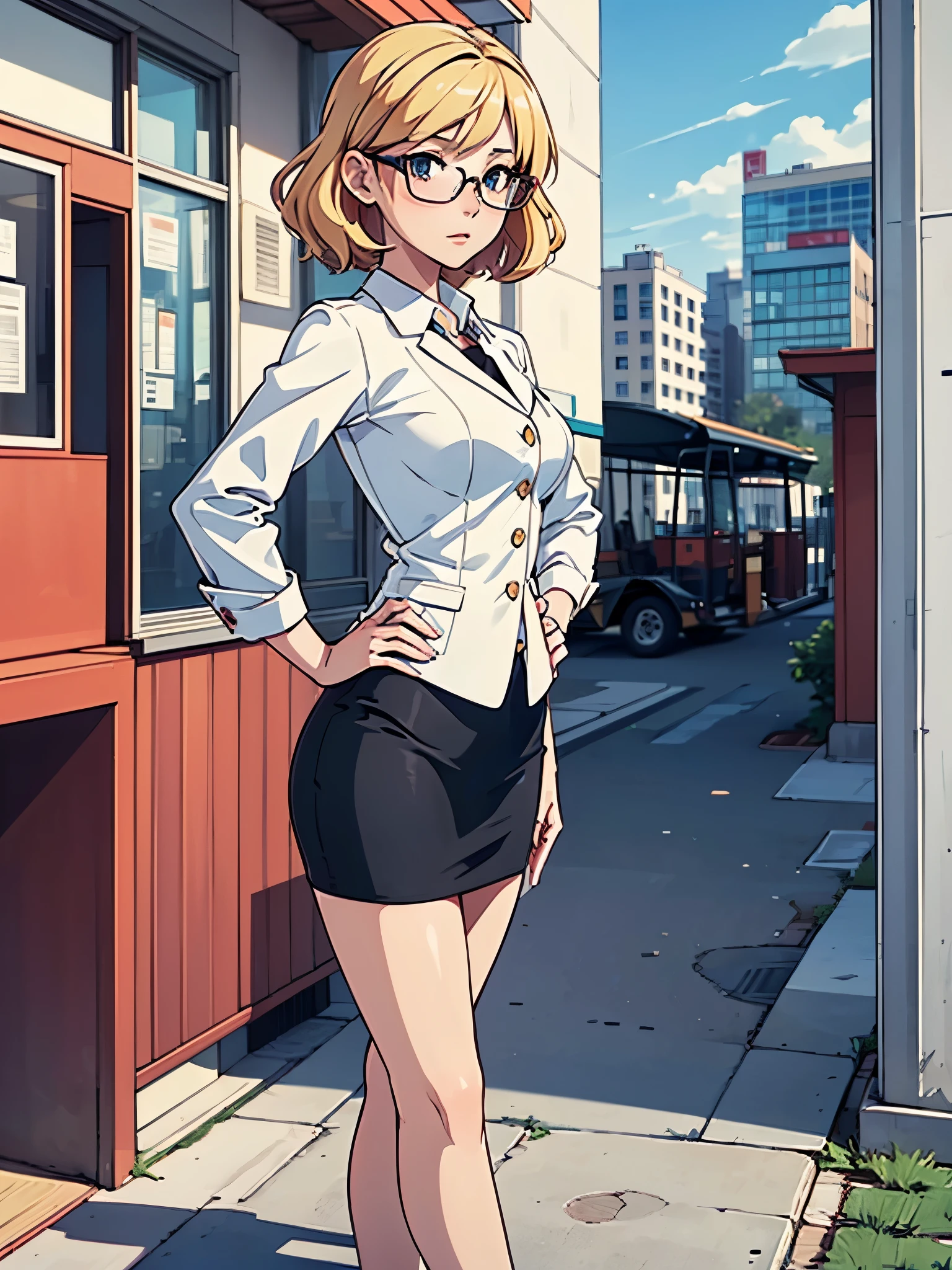 1girl, medium breasts, suit, skirt, pencil skirt, bare legs, glasses, shoes, city backdrop, solo, single, hands on hip, standing, full body shot, cowboy shot, beautiful detailed eyes, blonde hair, short hair, wavy hair, high school backdrop, outdoors, mature lady, teacher