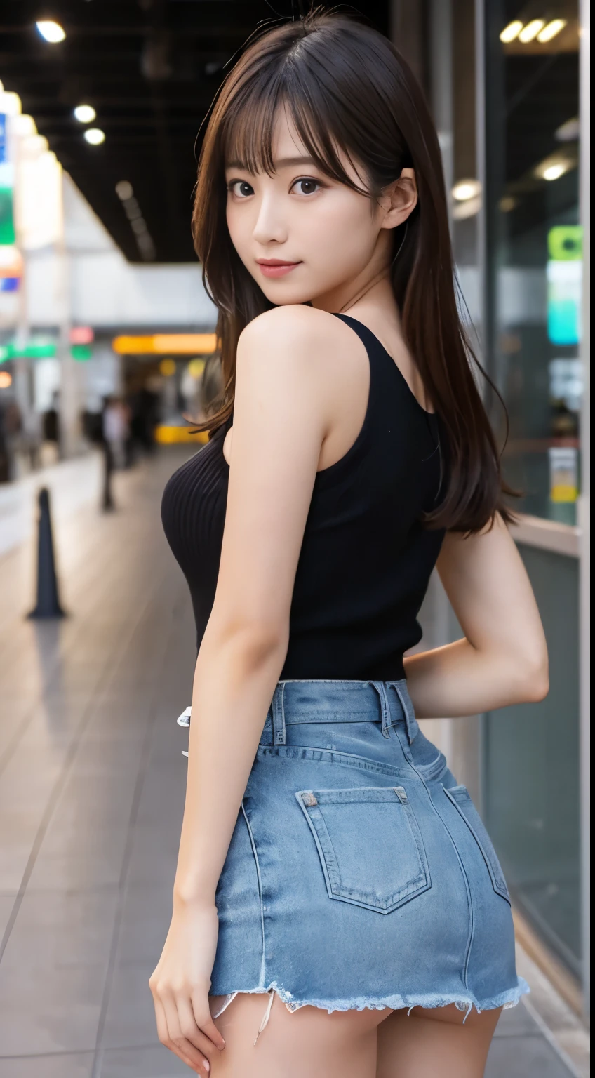 Realistic images of Japanese beautiful girls, 1girl in, (Photorealistic:1.4), masutepiece, Best Quality, 8K, 32K,Department store upward escalator,a miniskirt、short coat、bottom body close up、View from behind、Very low camera angle、Slouched、bent forward、((Panchira:1.3))、Buttocks、Look here