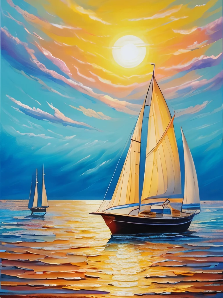 Ocean sunset oil painting、Oil painting with heavy glaze、Intricate and delicate oil painting、High quality smooth painting、Wall decoration painting、The sun rises and shines light、Artistic expression on canvas、Artistic quality thick lacquer、Canvas paintings、Large-scale painting、High quality glossy art、Sunset、Splendid oil painting、Detailed paintings、Sunset sailboat painting on the sea