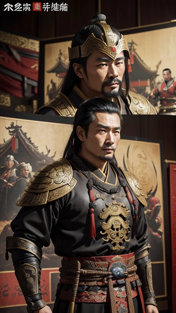 oriental、man in ancient chinese clothes、Ancient Chinese man wearing a leather helmet、a simple man、three kingdom、multiple warlords、top-quality、masterpiece、超A high resolution、(Photorealsitic:1.4)、Game Posters、Clear and beautiful image quality、
