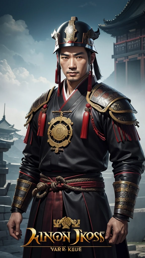 oriental、man in ancient chinese clothes、Ancient Chinese man wearing a leather helmet、a simple man、three kingdom、multiple warlords、top-quality、​masterpiece、超A high resolution、(Photorealsitic:1.4)、Game Posters、Clear and beautiful image quality、