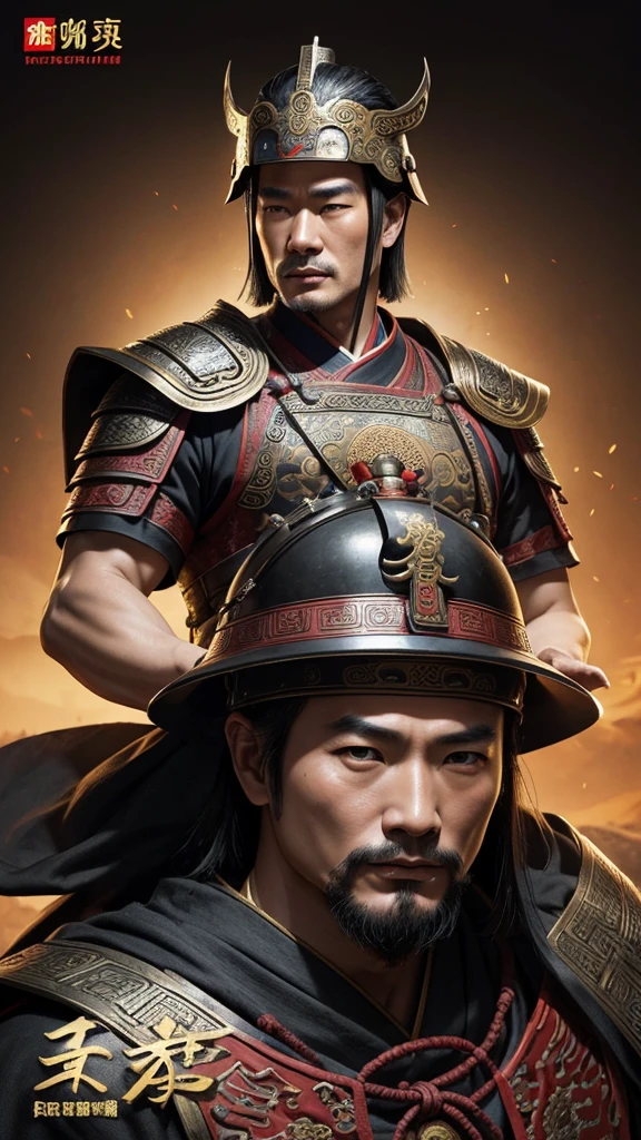oriental、man in ancient chinese clothes、Ancient Chinese man wearing a leather helmet、a simple man、three kingdom、multiple warlords、top-quality、​masterpiece、超A high resolution、(Photorealsitic:1.4)、Game Posters、Clear and beautiful image quality、